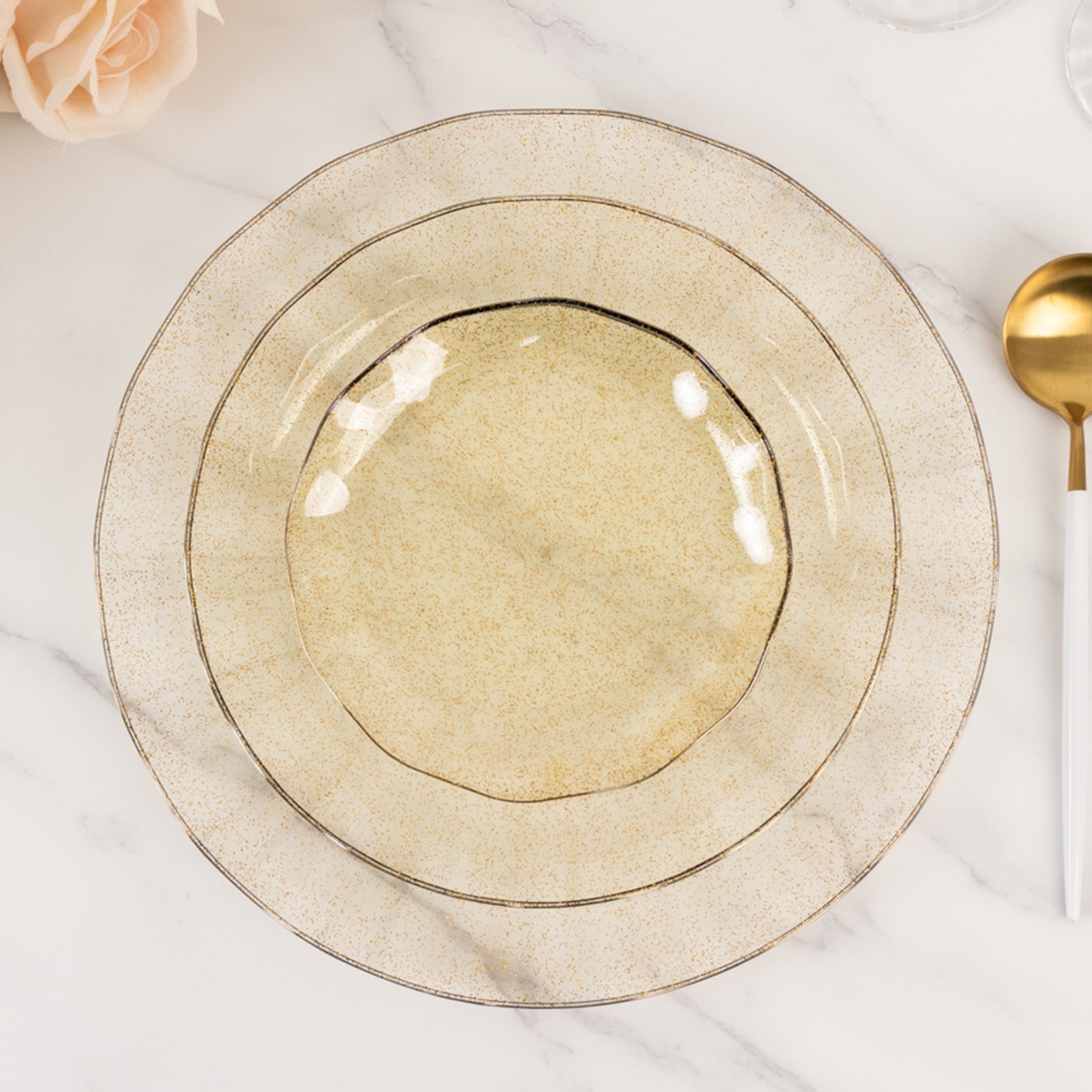 10-Piece Set of Disposable Gold Glitter Plastic Round Dessert Plates with Ruffled Rim