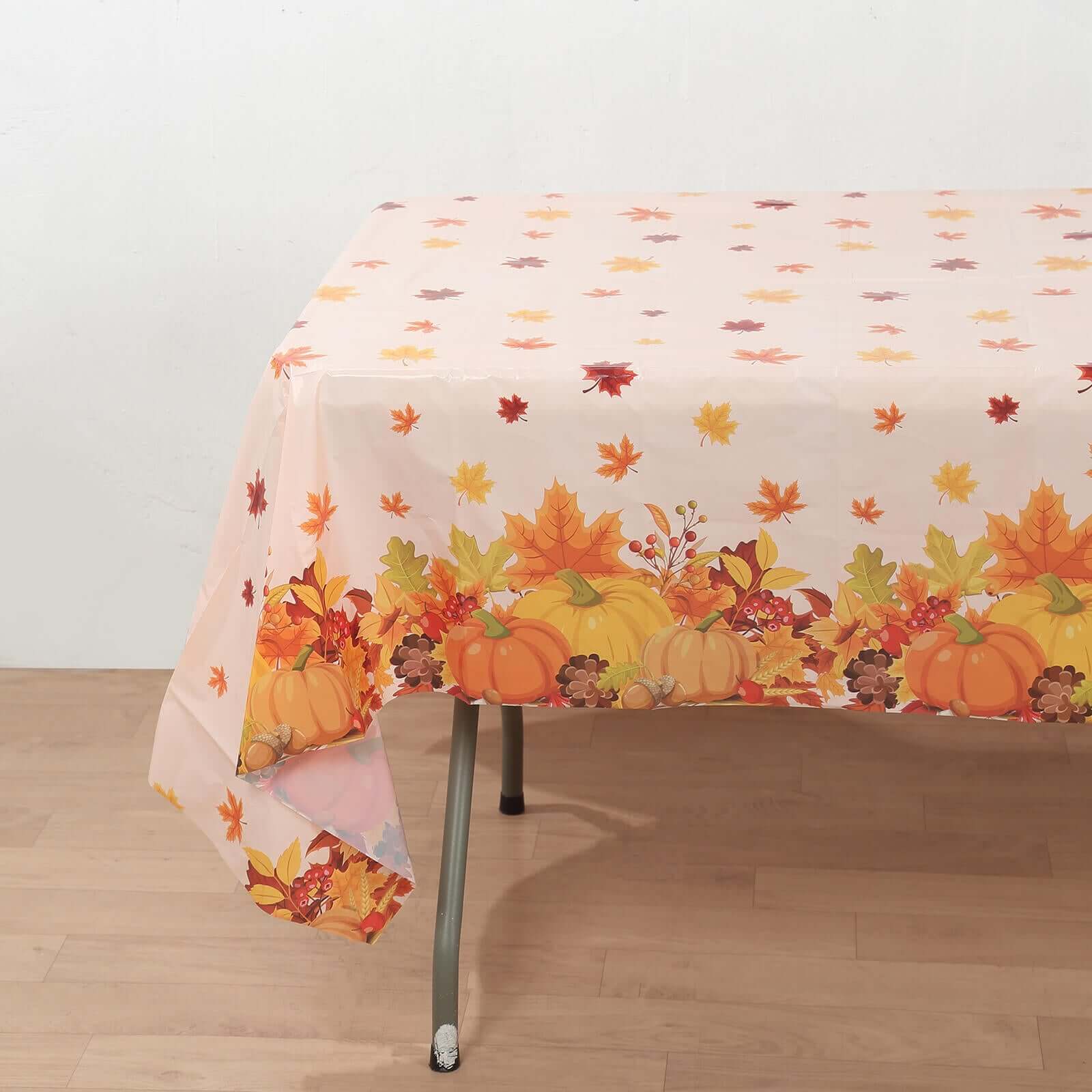 5-Pack Orange Thanksgiving Plastic Rectangle Tablecloths with Fall Leaves & Pumpkin Print - Festive PVC Disposable Covers