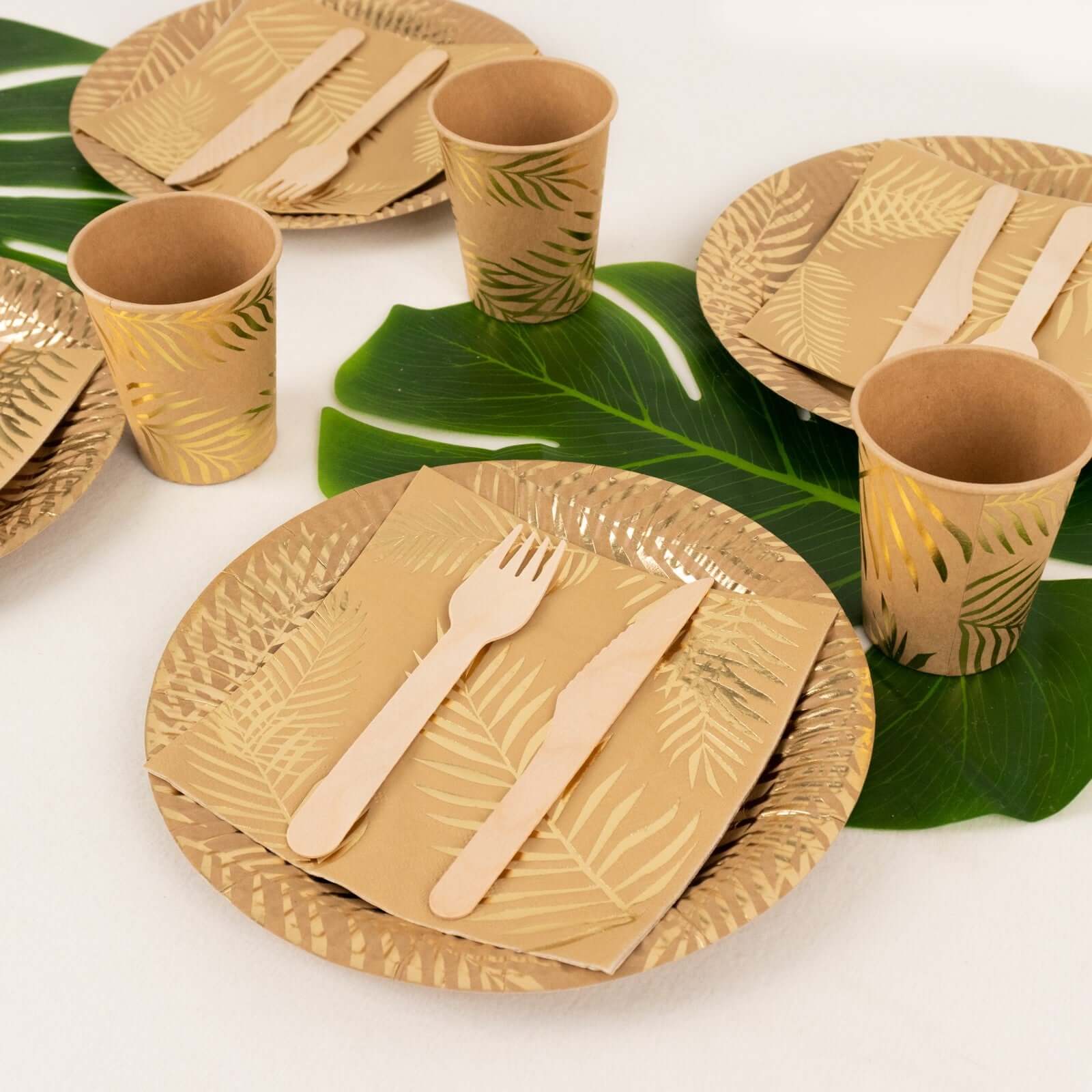Hot Deal! 72-Piece Disposable Paper Dinnerware Set with Gold Foil Palm Leaves Print