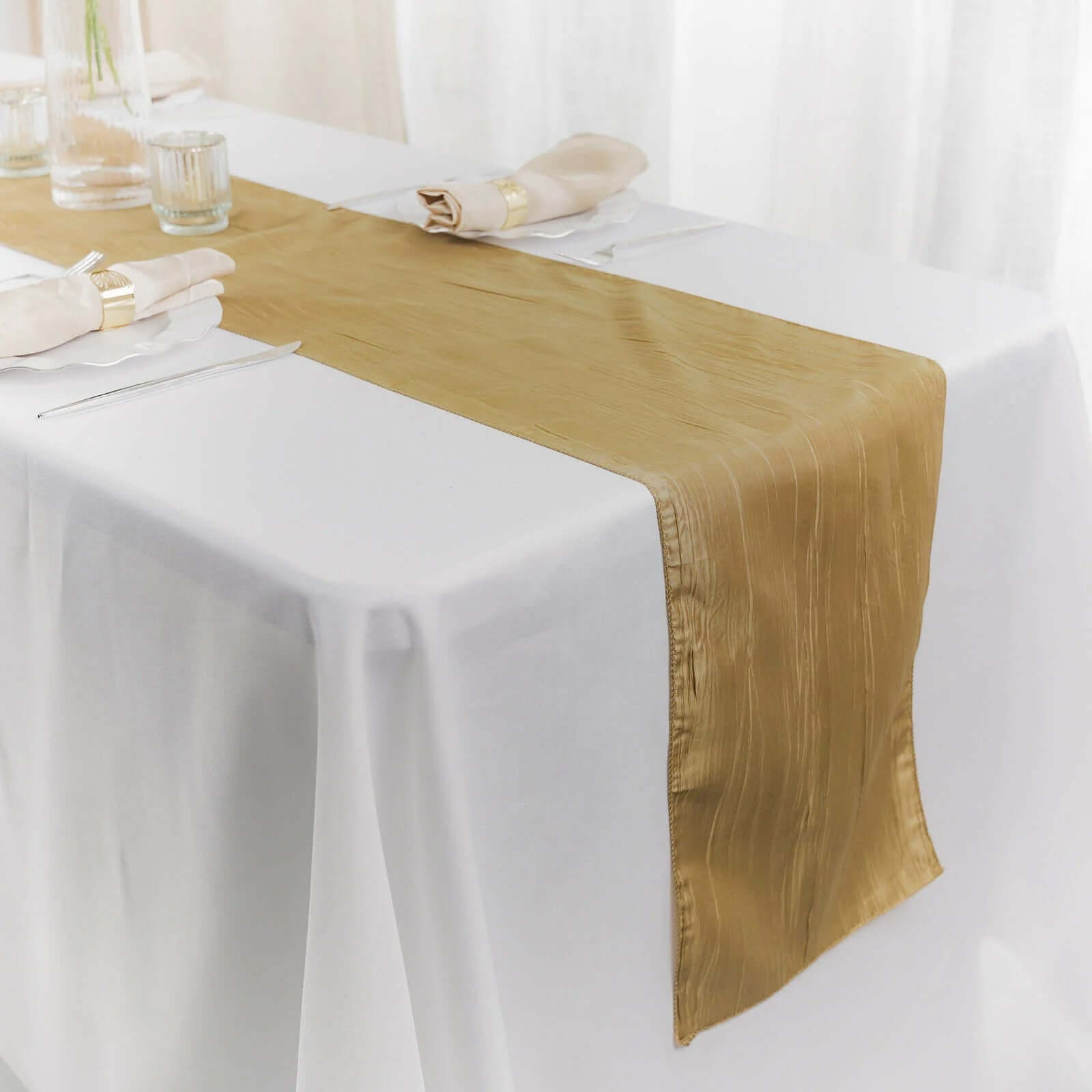 Exclusive Gold Taffeta 12x108 Table Runner with Accordion Crinkle for Modern Gatherings