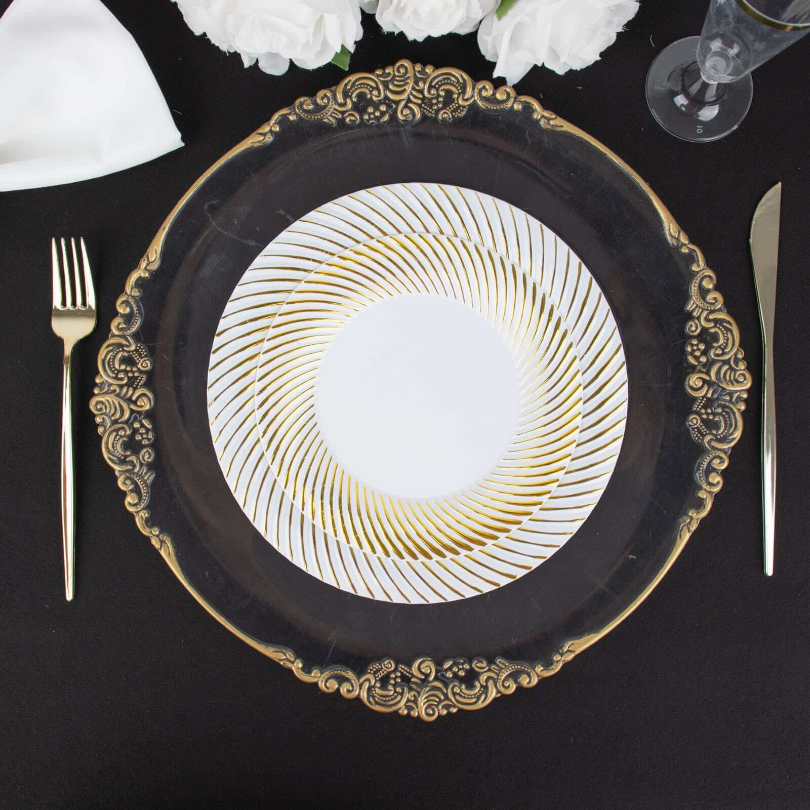 10-Pack Disposable White Dinner Plates with Gold Swirl Rim - Ideal for Parties