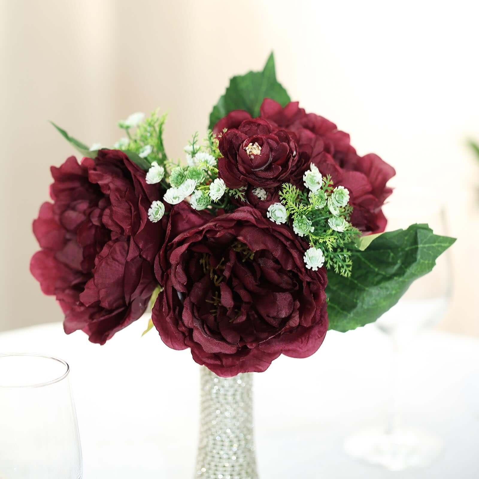 Hot Sale! 12-piece Burgundy Artificial Silk Peony Bouquet for Various Decorations