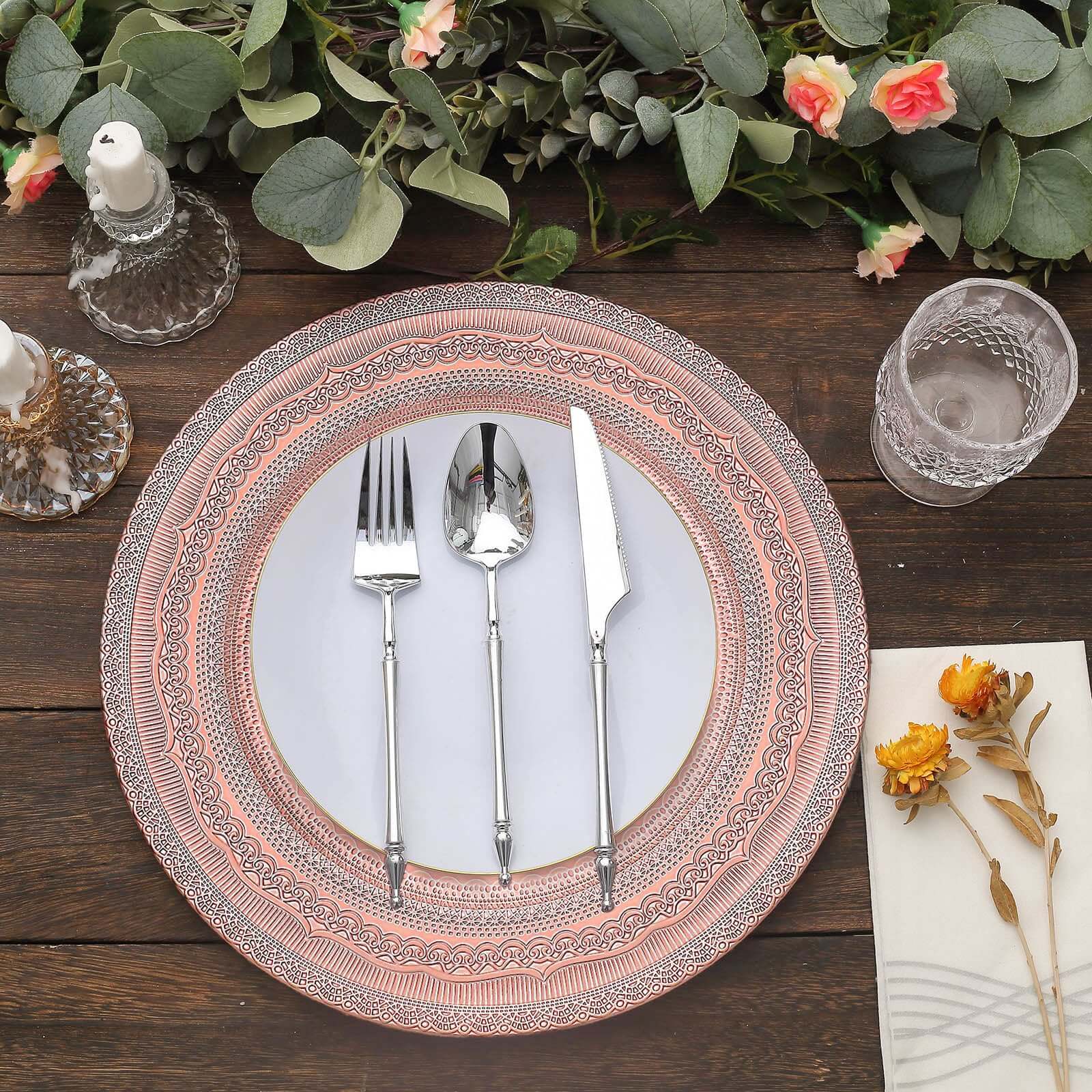 Hot Sale! 6-Pack 13-inch Rose Gold Acrylic Charger Plates with Lace-Embossed Rim for Table Decor