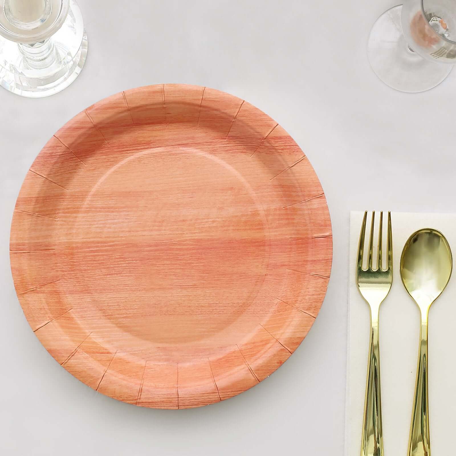 25-Pack Disposable 10-Inch Round Paper Dinner Plates with Natural Wood Grain Print