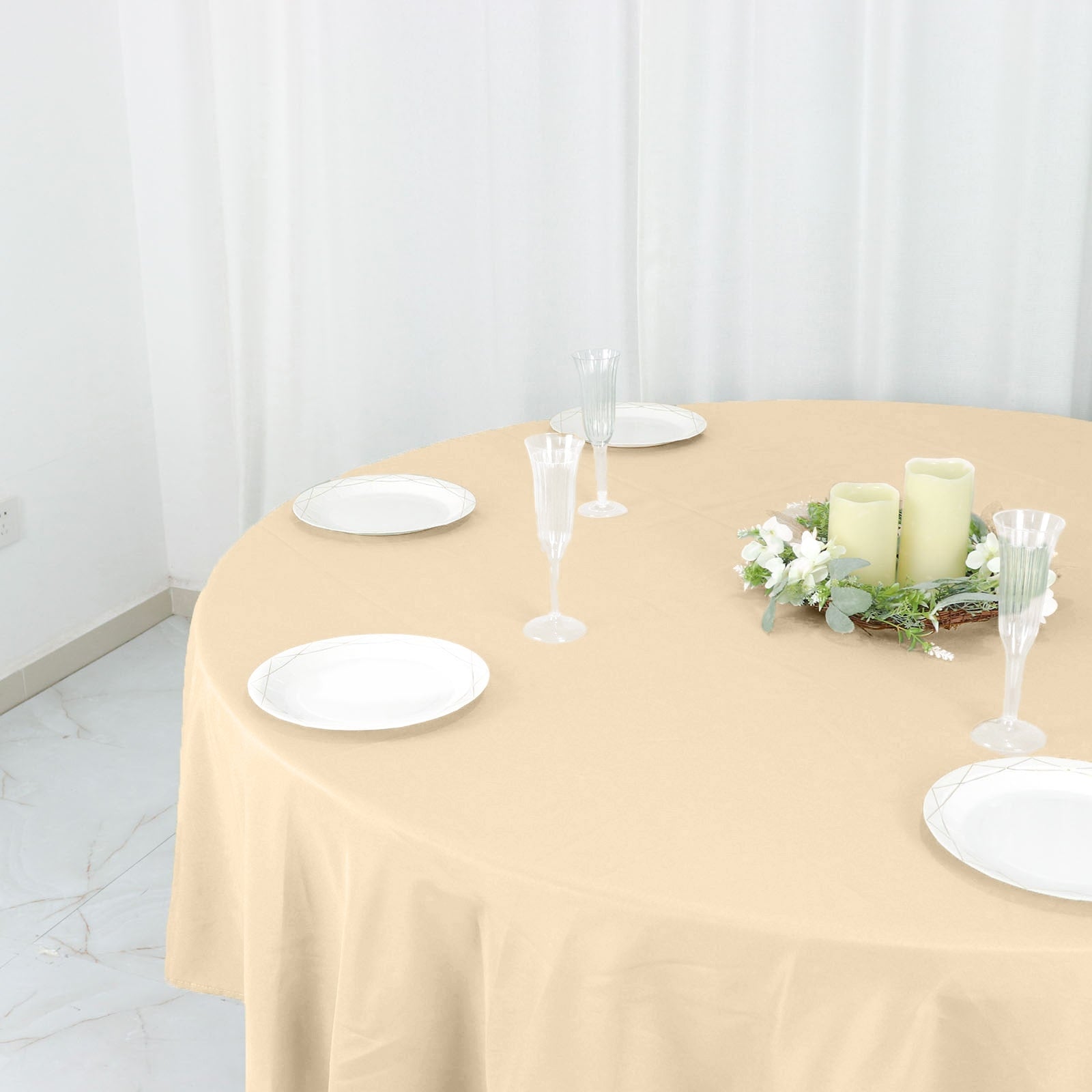 Beige 90" Round Polyester Tablecloth - Stain & Wrinkle-Free, Ideal for Events