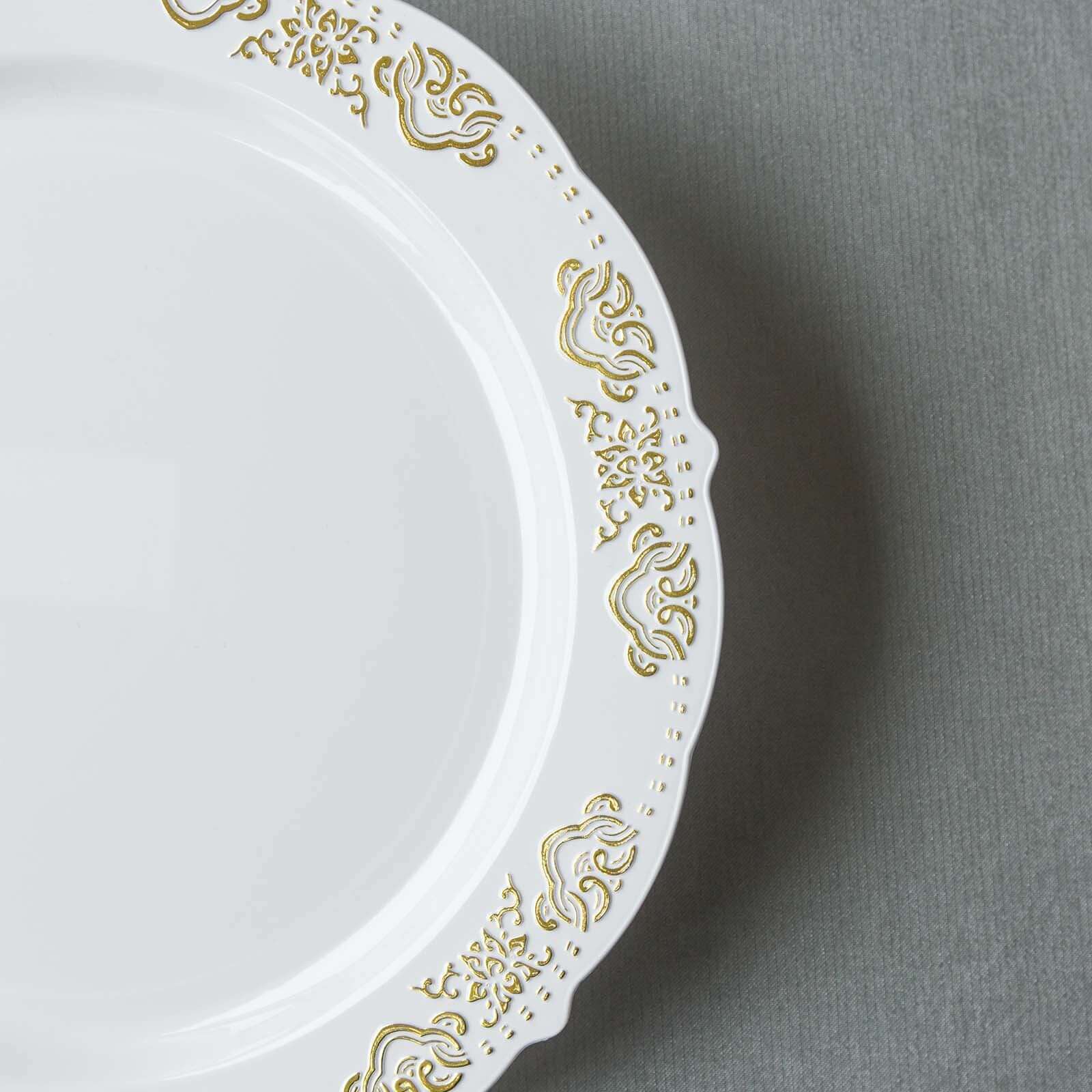 10-Pack White Plastic Round Appetizer Plates with Gold Embossed Scalloped Edge for Special Events