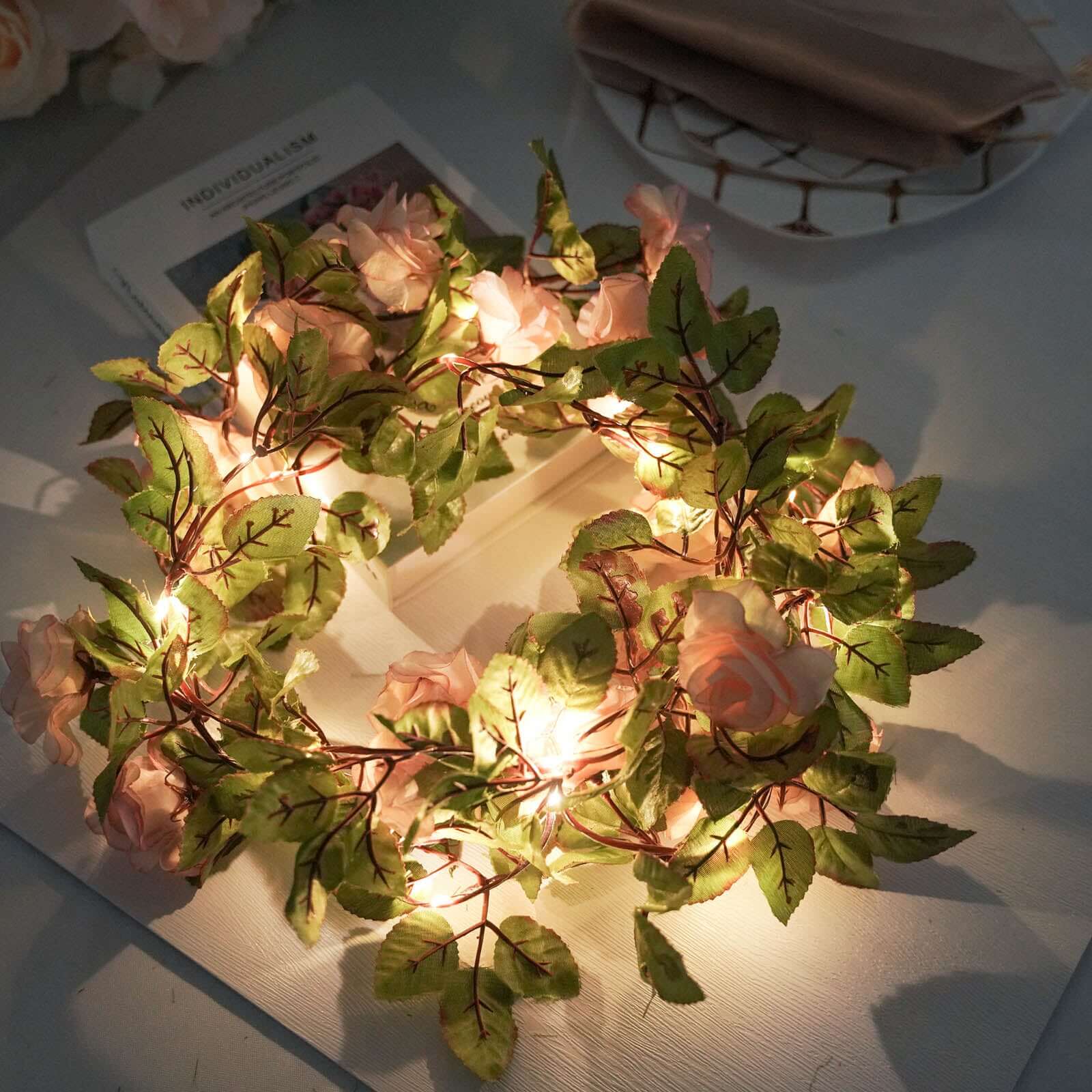 7ft LED Blush Silk Rose Garland with Warm White Battery - Operated Lights, Perfect for Decor