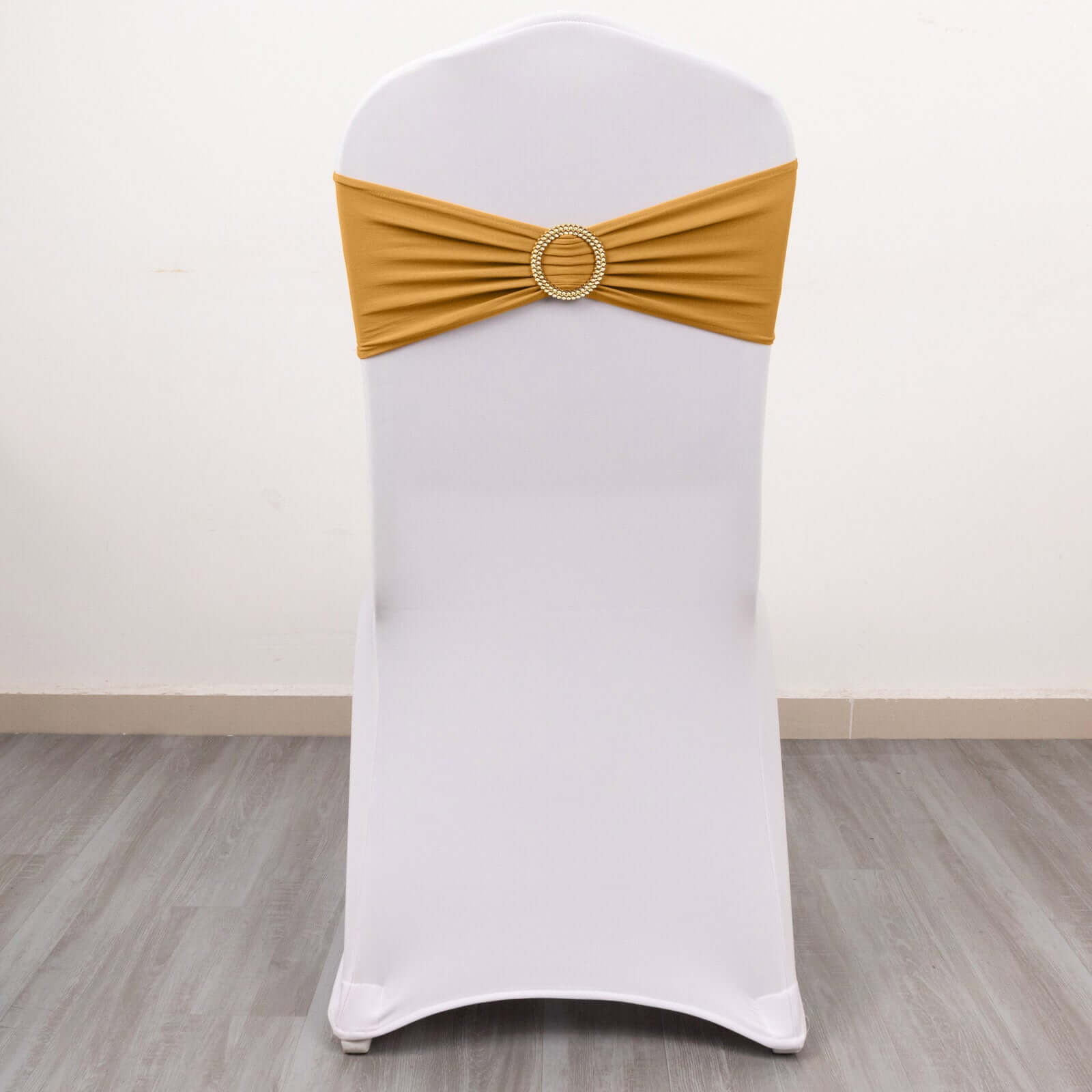 5-Piece Gold Spandex Chair Sashes with Sparkling Gold Rhinestone Buckles - Reusable 4-Way Stretch for Elegant Weddings and Parties