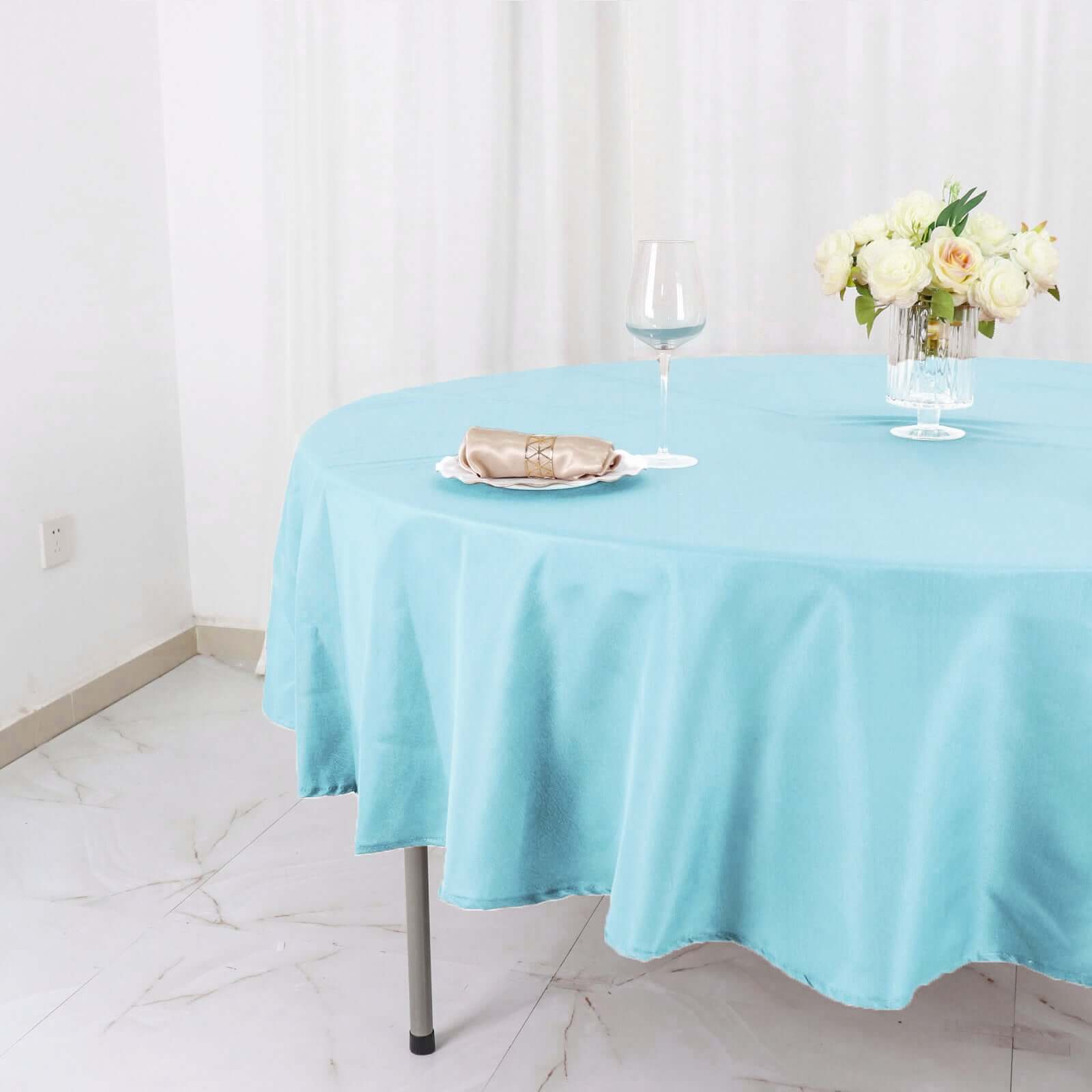 Get This Light Blue 90-Inch Round Polyester Tablecloth - Stain & Wrinkle Free!
