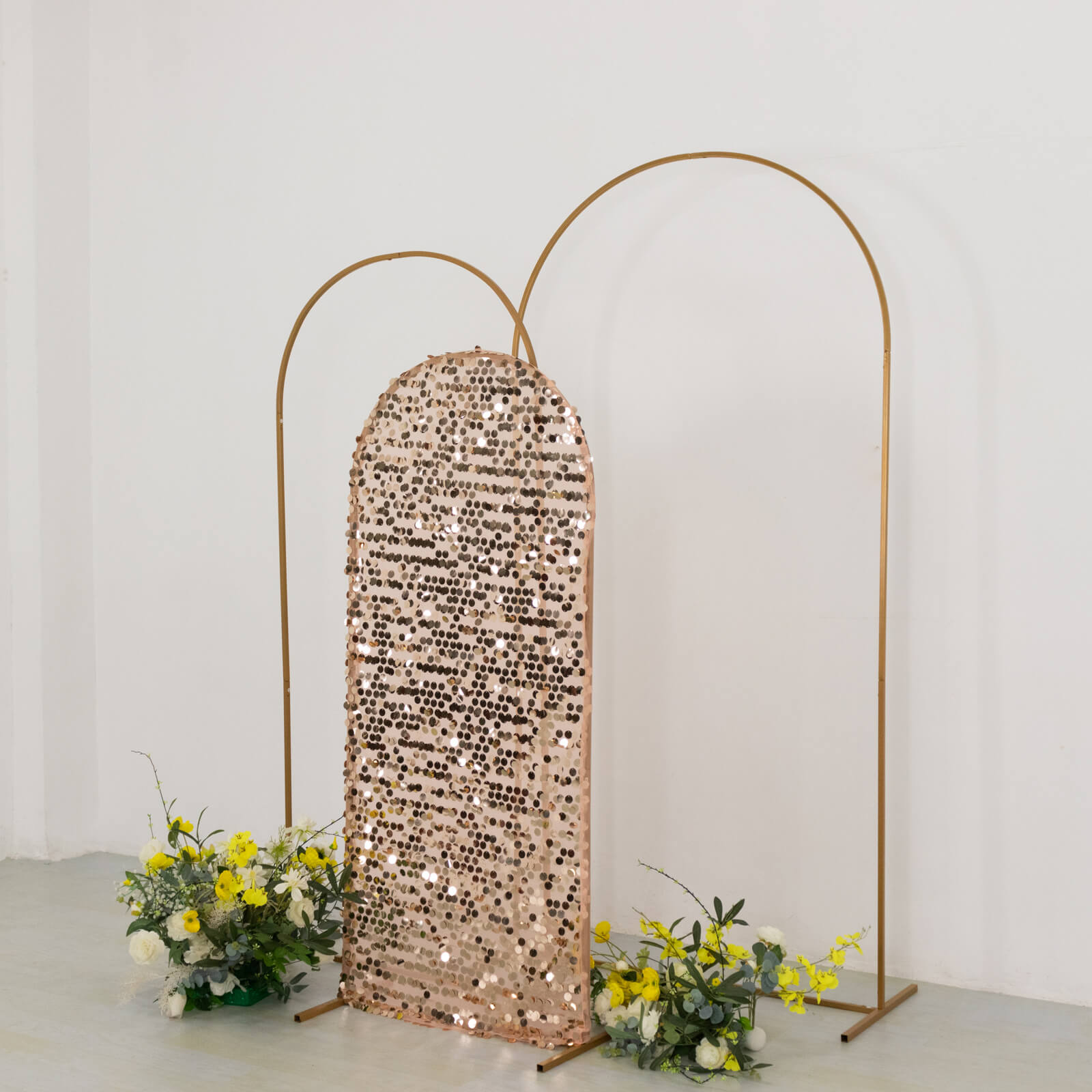 5ft Sparkly Rose Gold Payette Sequin Fitted Cover for Round - Top Wedding Arch Stand
