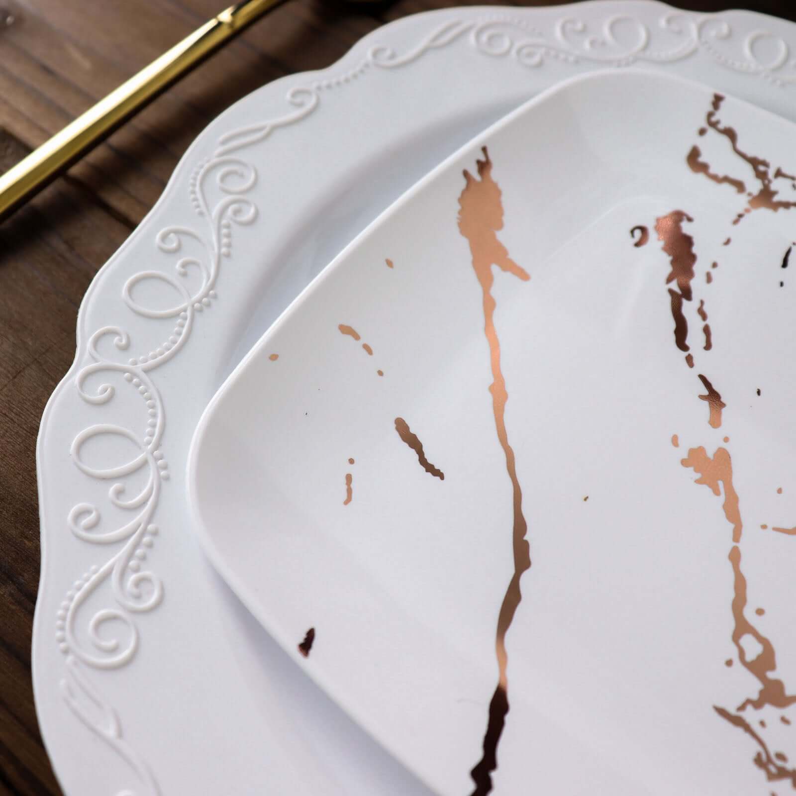 Great Deal! 10-Pack Disposable White Plastic Appetizer Plates with Rose Gold Marble Design for Special Events