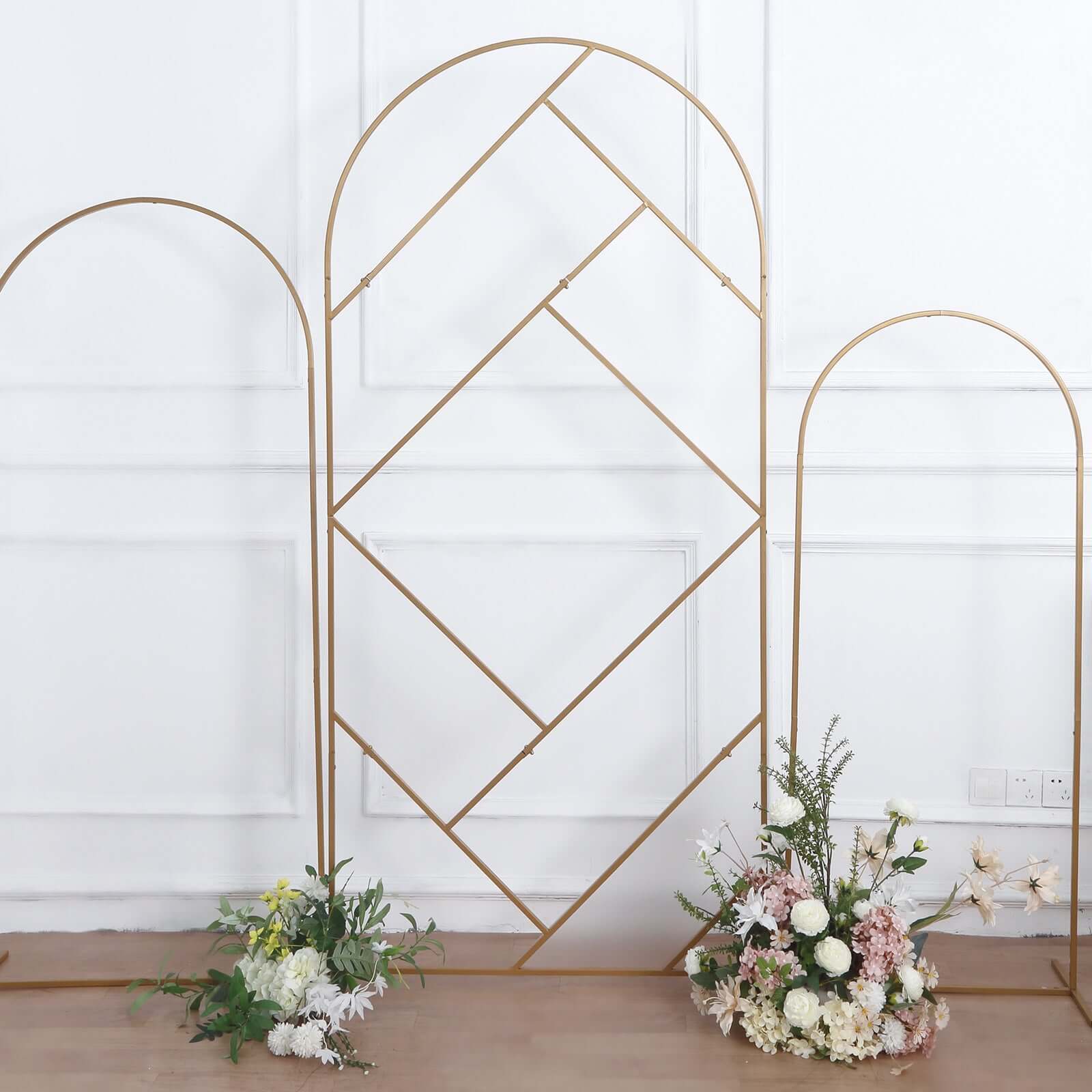 7ft Tall Gold Metal Geometric Flower Frame Prop Stand - Ideal for Weddings!