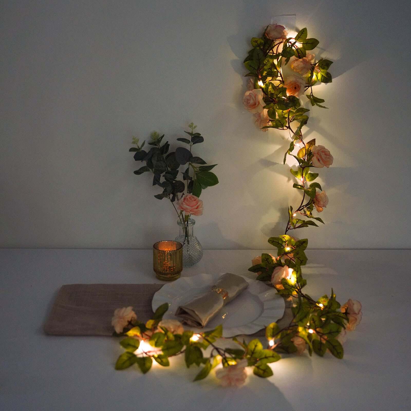 7ft LED Blush Silk Rose Garland with Warm White Battery - Operated Lights, Perfect for Decor