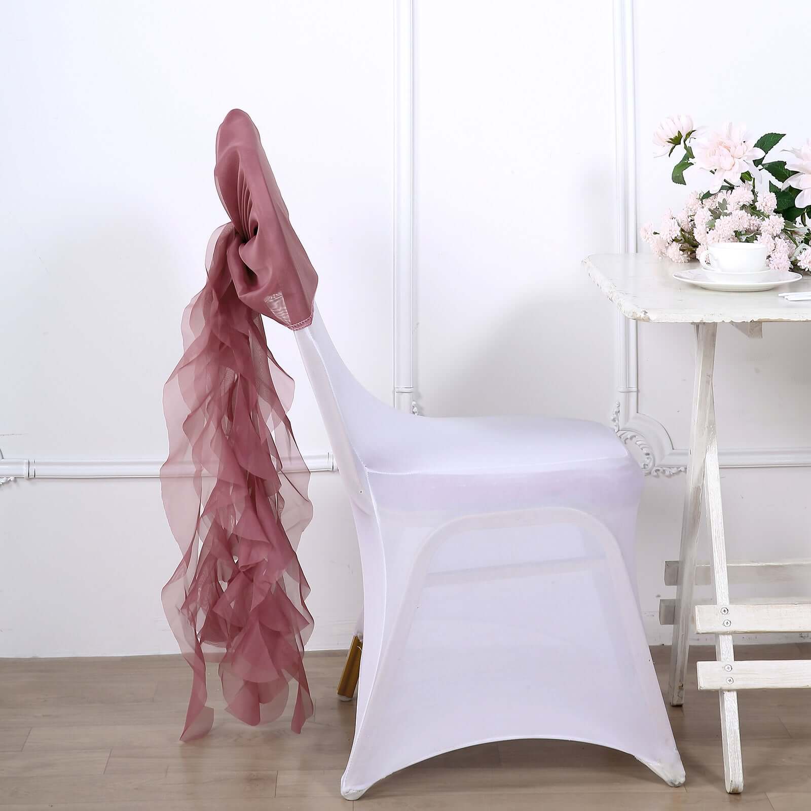 Stylish Mauve Cinnamon Rose Chiffon Chair Sashes Set with Willow Ruffles Design