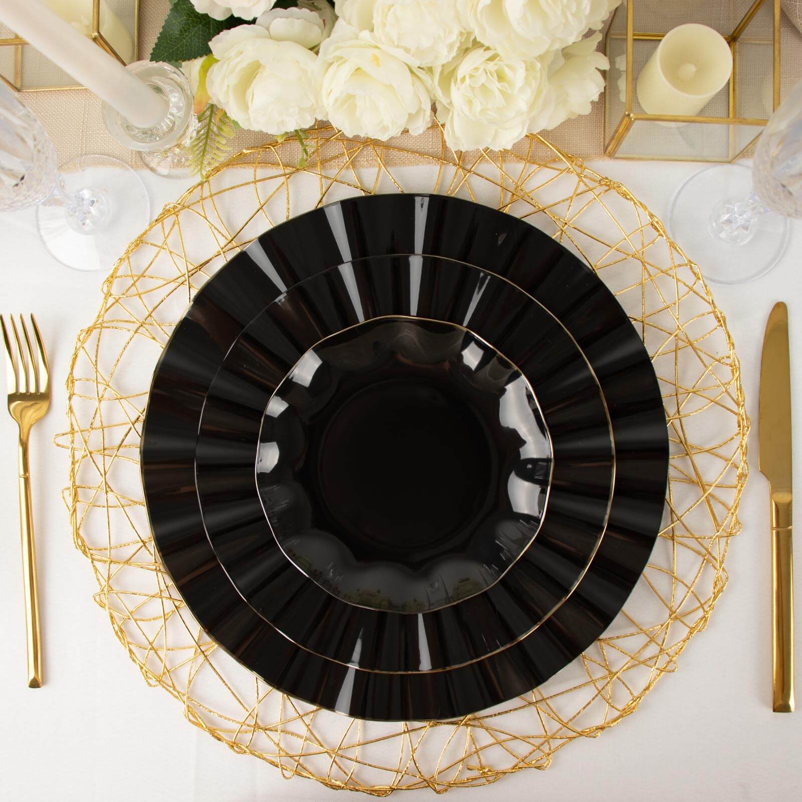 10-Piece Set of Sturdy Black Plastic Round Dinner Plates with Gold-Rimmed Ruffled Edges
