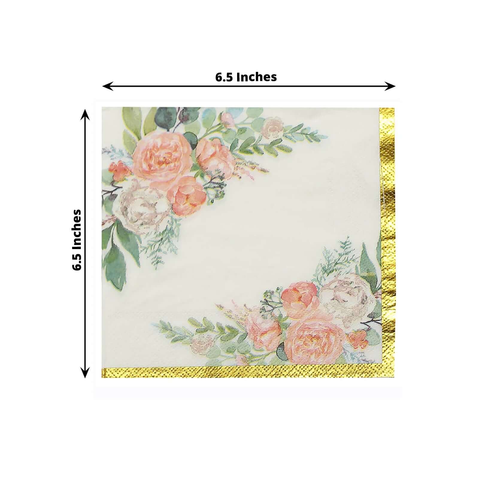 20-Pack 18GSM 2-Ply Pink Peony Floral Gold Trimmed White Paper Cocktail Napkins for Weddings - Hot Sale