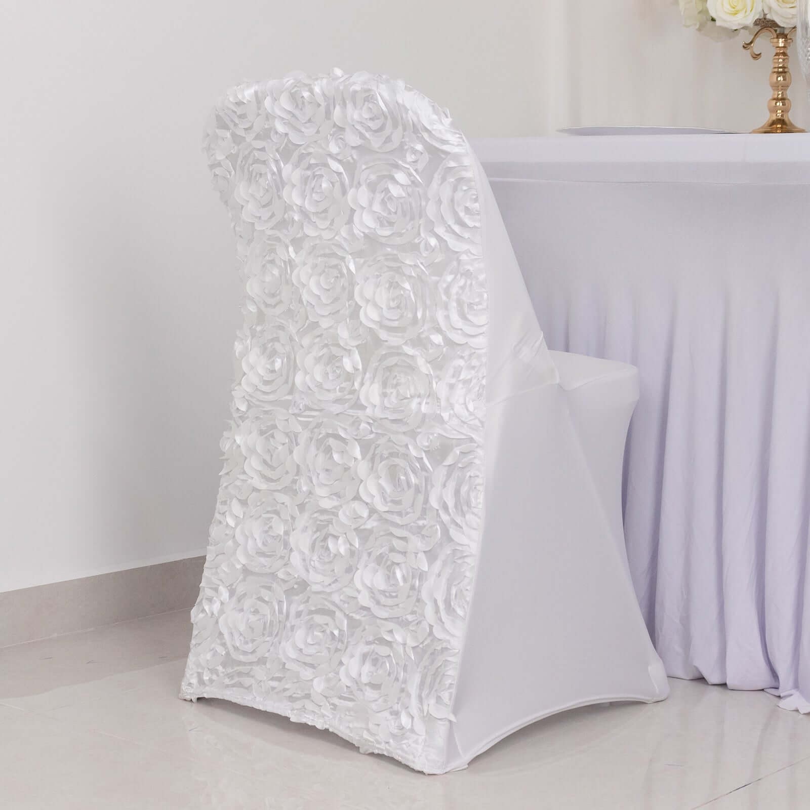Premium White Spandex Slipcover for Folding Chairs with Satin Rosette Design - Ideal for Classy Events