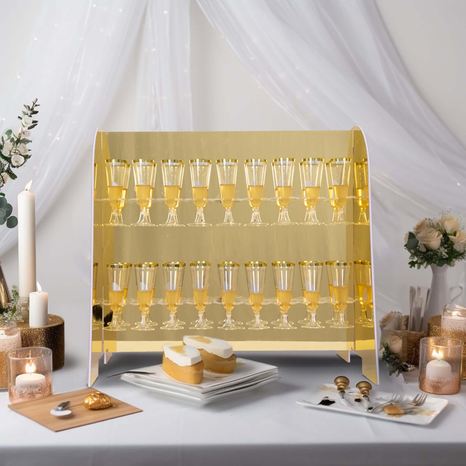Gold Mirror Finish 2-Tier Champagne Glass Holder Display Stand - Modern Stemware Rack with 18 Hooks for Events