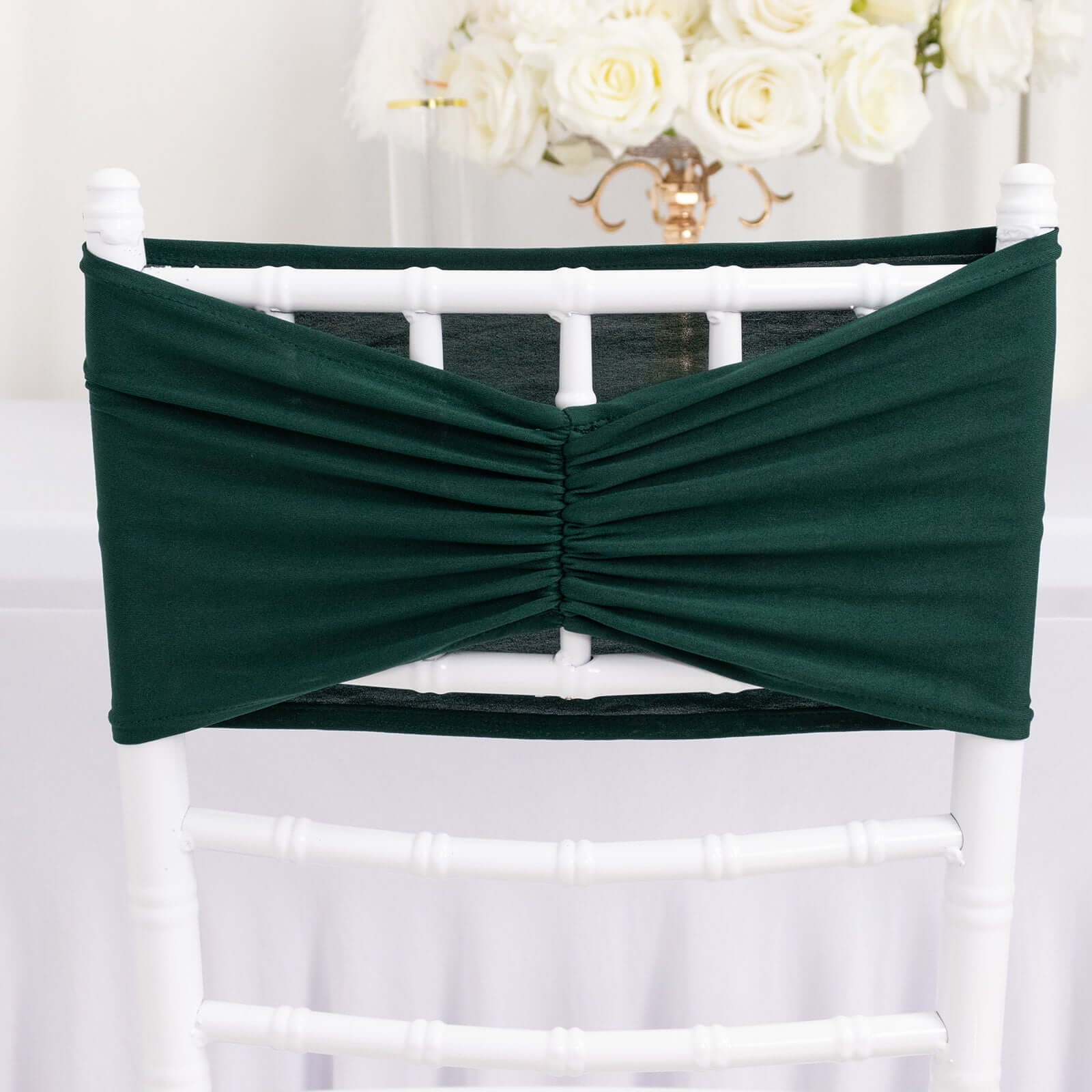 5-Piece Hunter Emerald Green Spandex Ruffled Chair Sashes - Wide Stretch Bands, 8x13