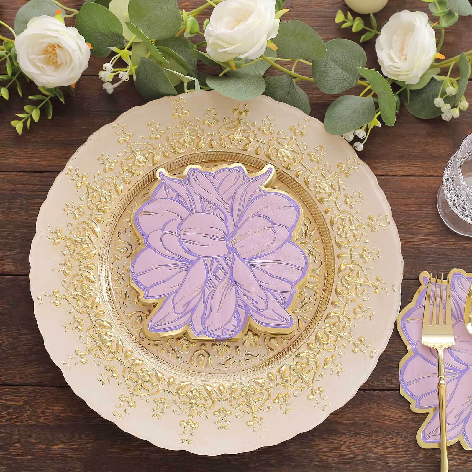 Get 20-Pack Disposable Cocktail Paper Napkins with Purple Peony & Gold Edges for Parties