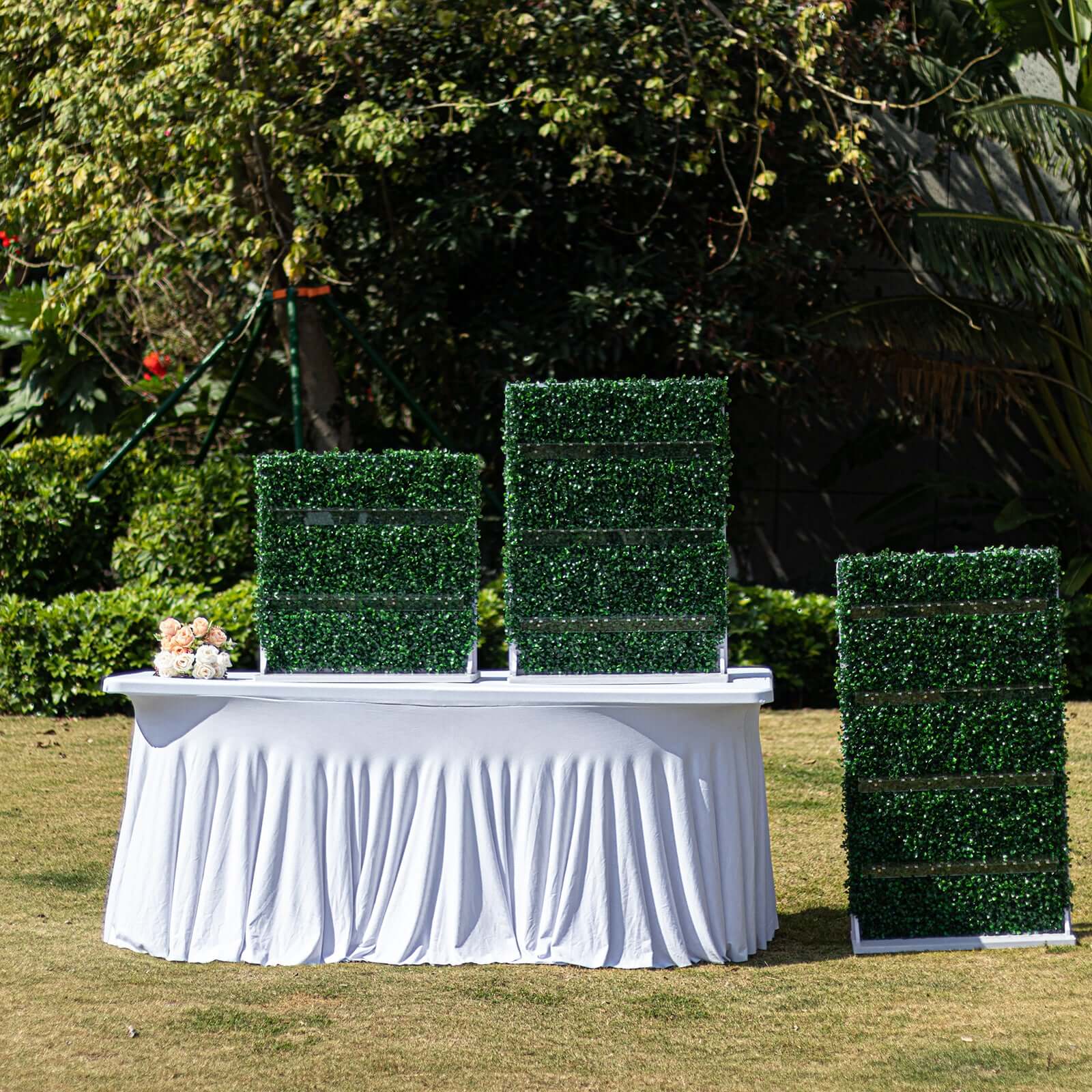 Exclusive Set of 3 Green Champagne Wall Glass Holders - Tiered Faux Boxwood Stemware Racks for Classy Events