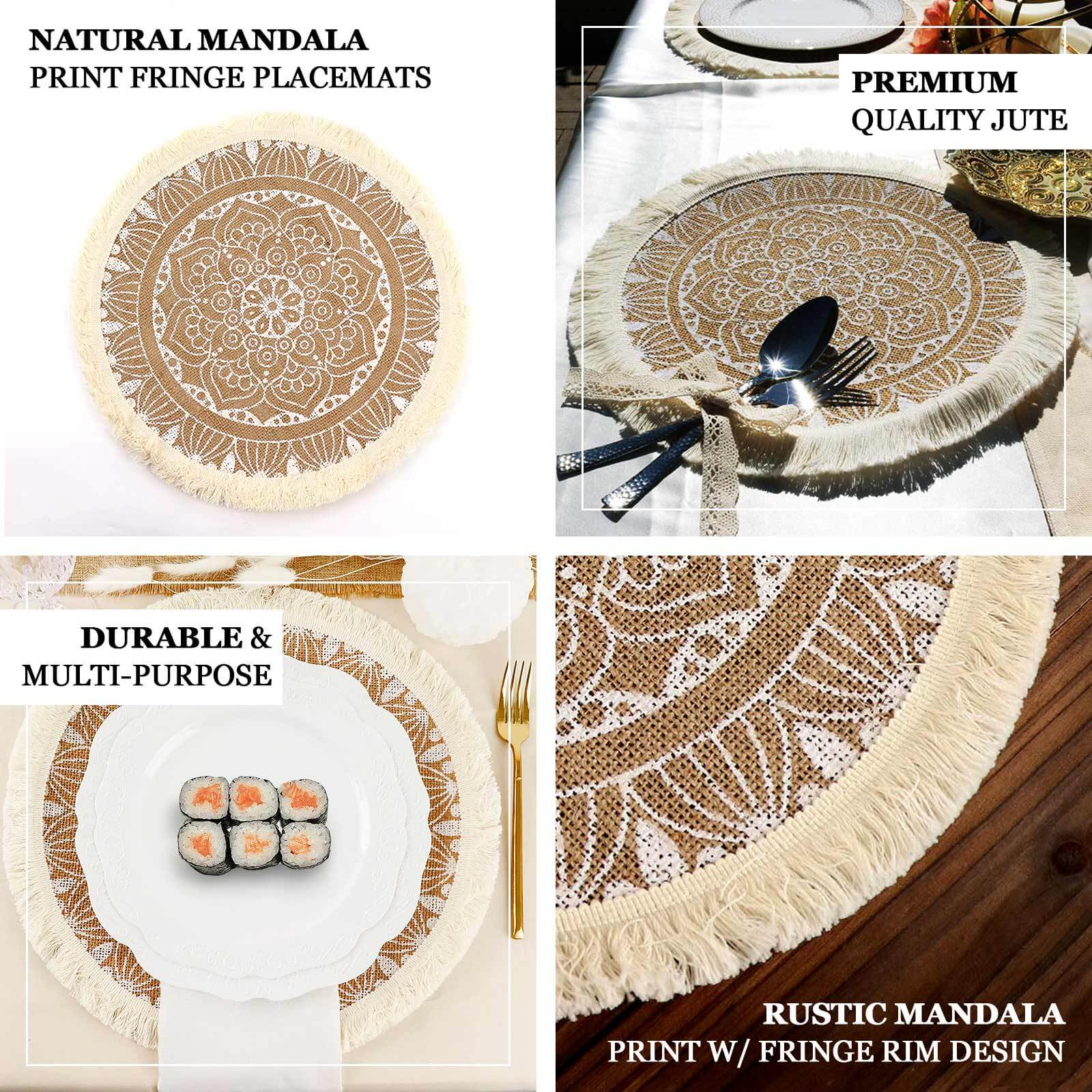 Hot Deal! 4-Pack Round Mandala Print Jute Placemats with Fringe and Tassel Design, Natural and White