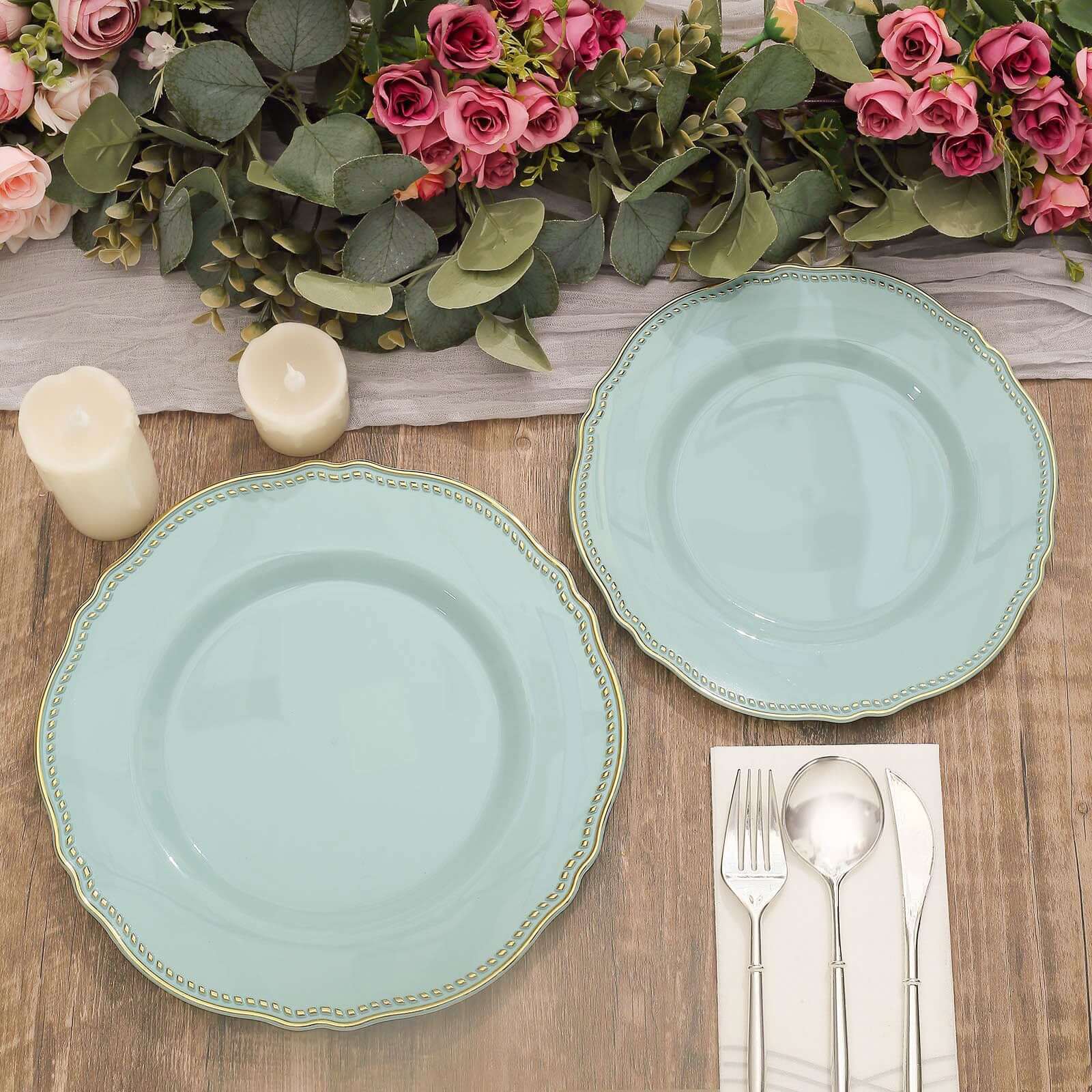 10-Pack Disposable Jade Plastic Dinner Plates with Gold Scalloped Rim - 9 Inches