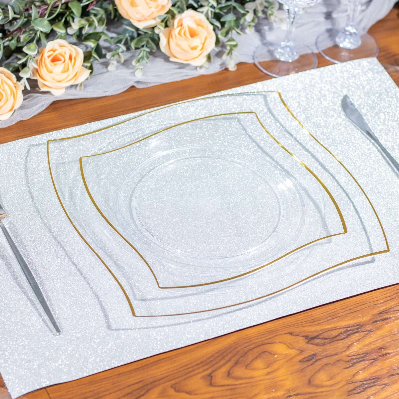 10-Piece Set of Clear Plastic Square Dessert Plates with Gold Wavy Rim - Disposable for Party Use
