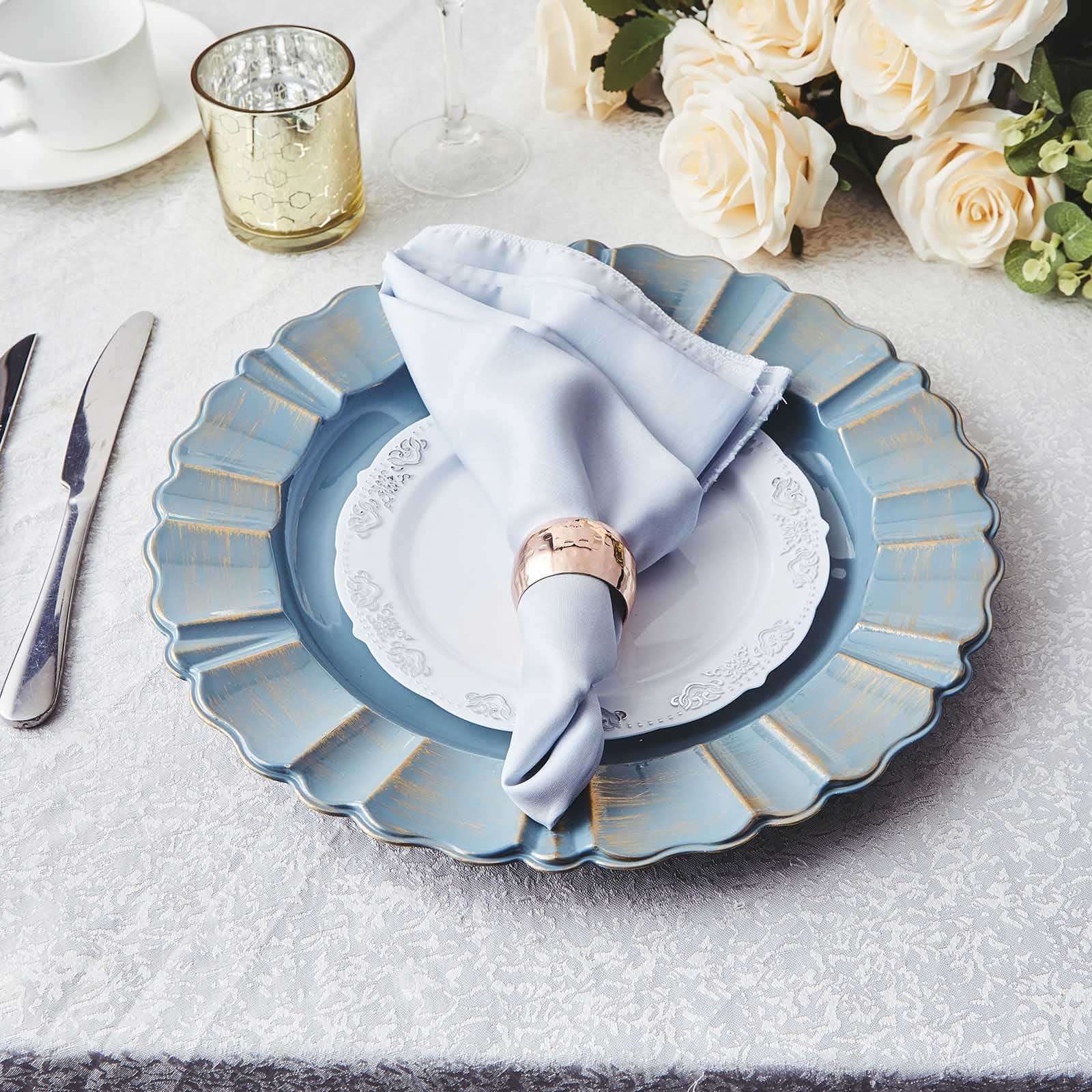 6-Piece Set of 13-Inch Dusty Blue Acrylic Plastic Round Charger Plates with Gold-Brushed Scalloped Rim for Dinner Parties