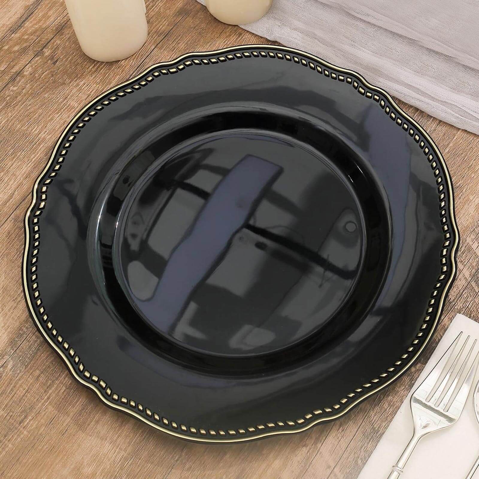 10-Piece Set of Disposable Black Plastic Dinner Plates with Gold Scalloped Rim