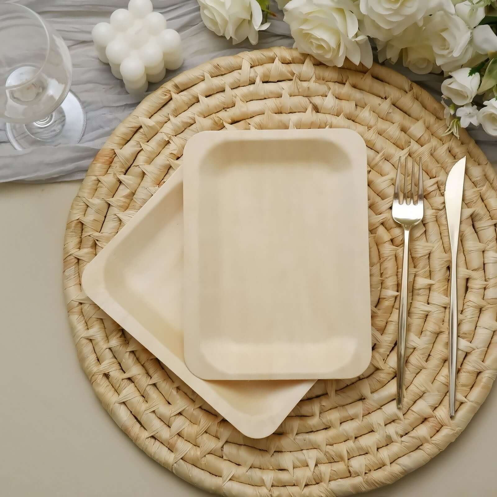 25-Pack Natural Birchwood 5x8 Rectangle Disposable Dessert Plates - Ideal for Special Events