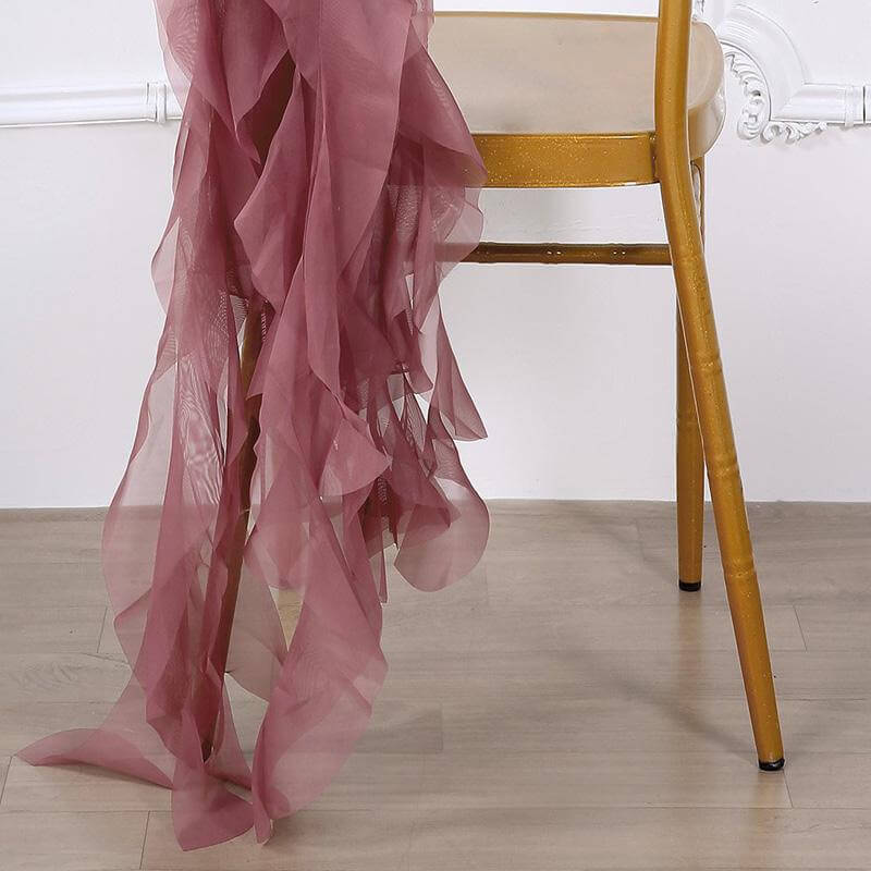 Stylish Mauve Cinnamon Rose Chiffon Chair Sashes Set with Willow Ruffles Design