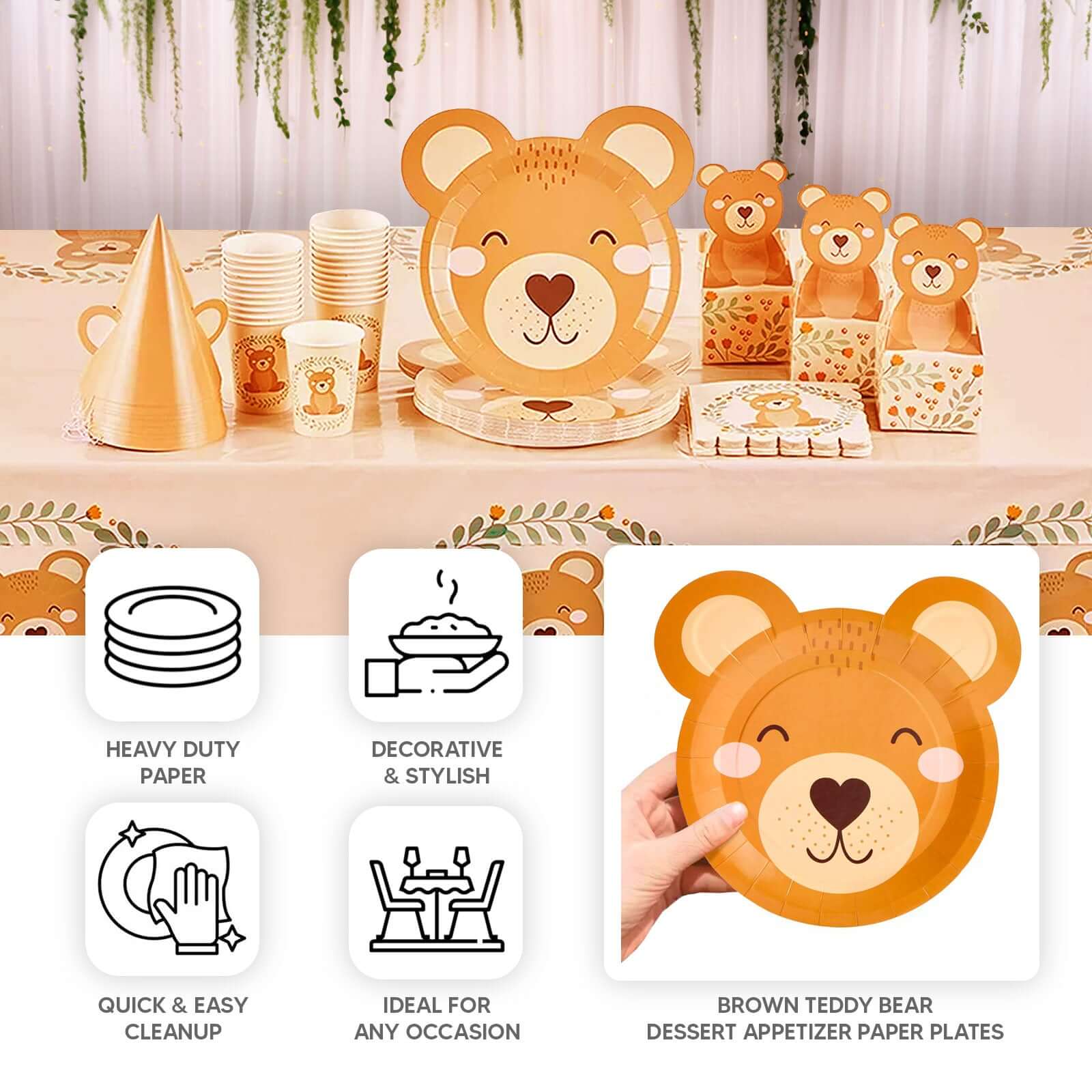 25-Pack Disposable 300GSM Brown Teddy Bear Print Round Dessert Plates - Ideal for Party Decor