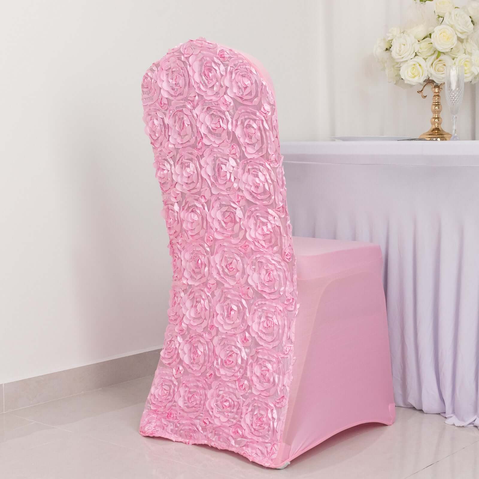 Hot Sale! Pink Stretch Fitted Satin Rosette Slip-On Chair Cover for Banquet Chairs