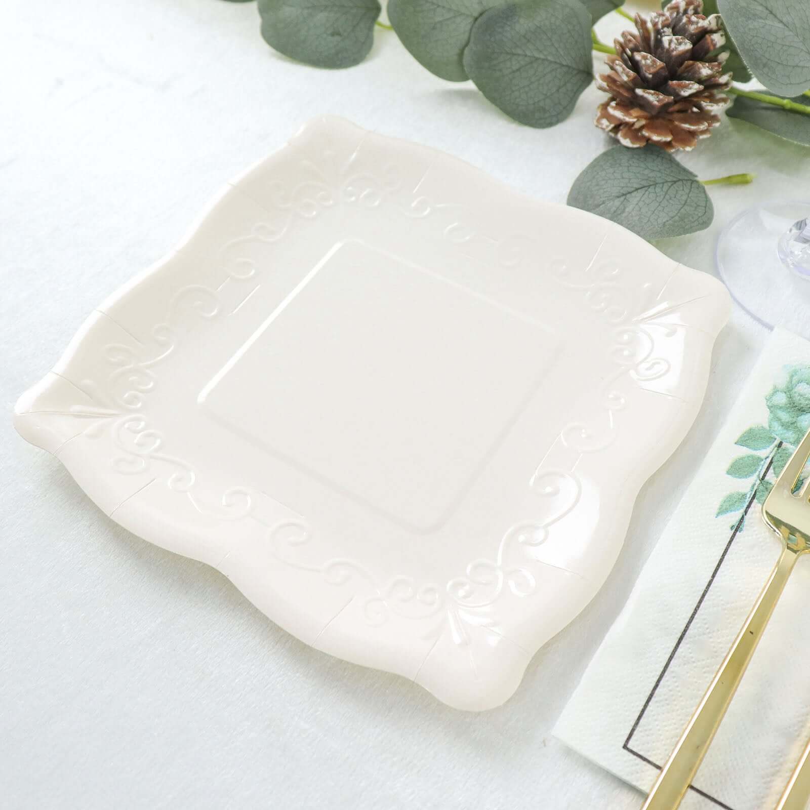 25-Pack White Square 7-Inch Disposable Dessert Plates with Vintage Pottery Embossed Design - Ideal for Special Events