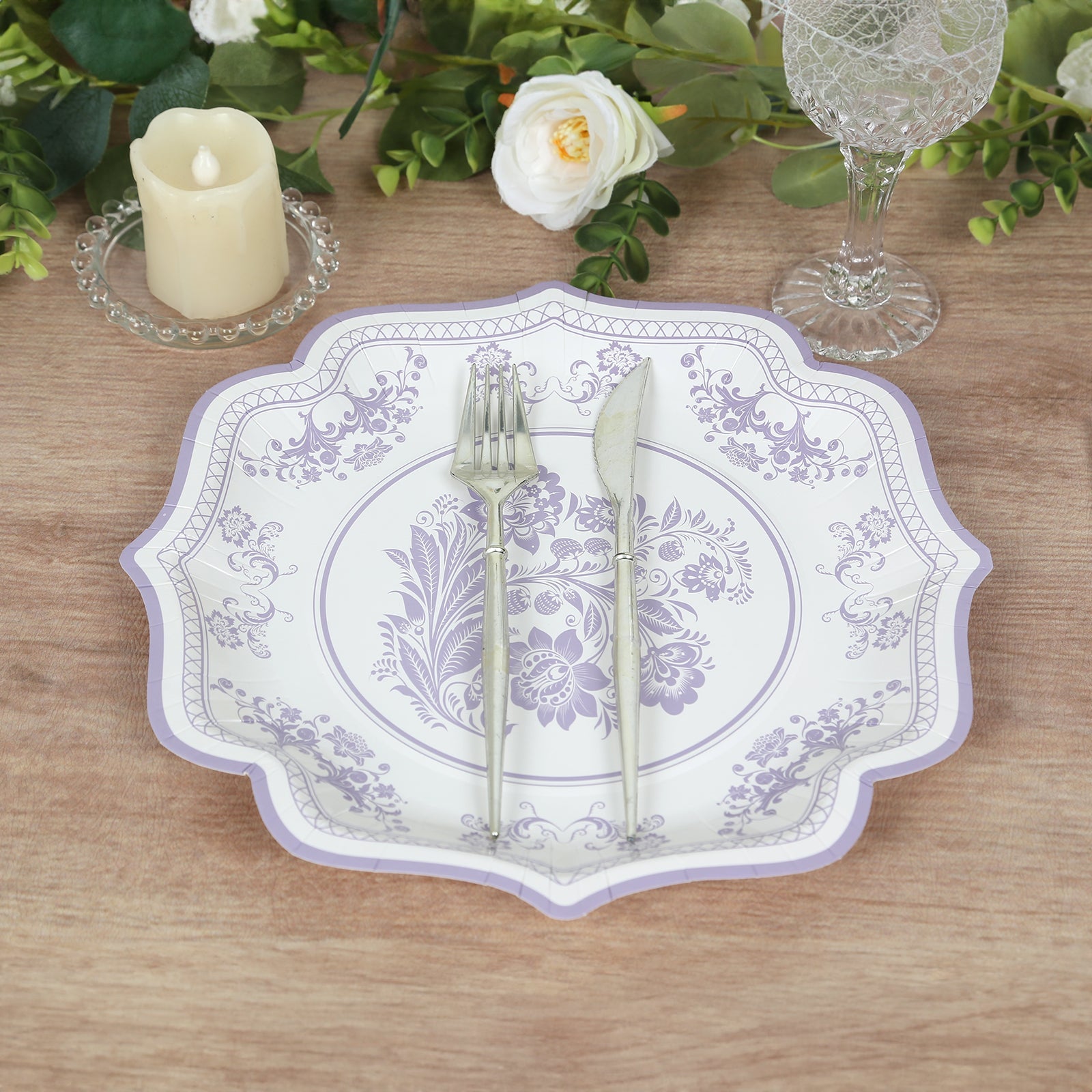 25-Piece Set of White and Lavender Lilac Damask Floral Disposable Paper Dinner Plates, 10-Inch