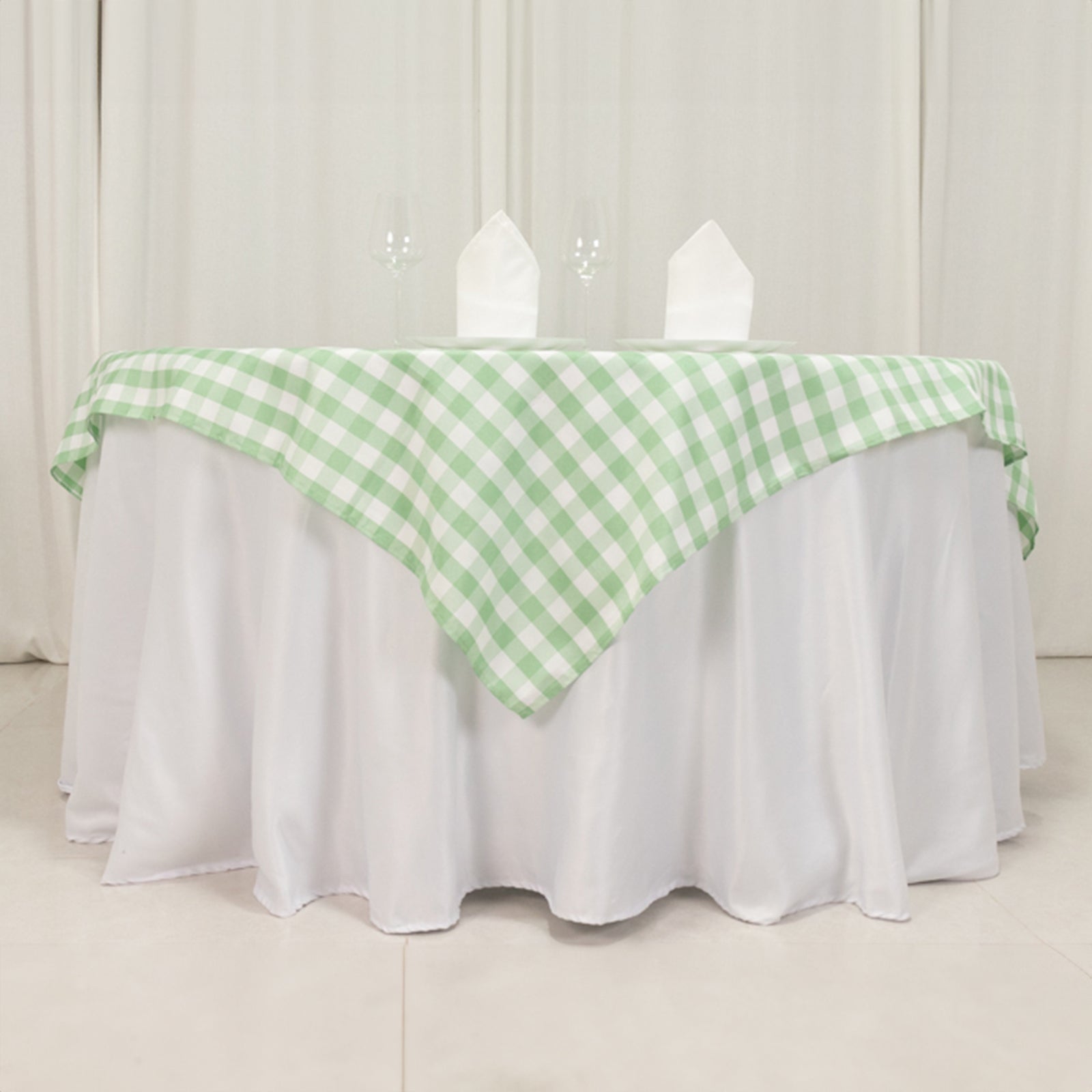 70x70 Polyester Square Table Overlay in White and Sage Green - Buffalo Check Plaid Table Topper