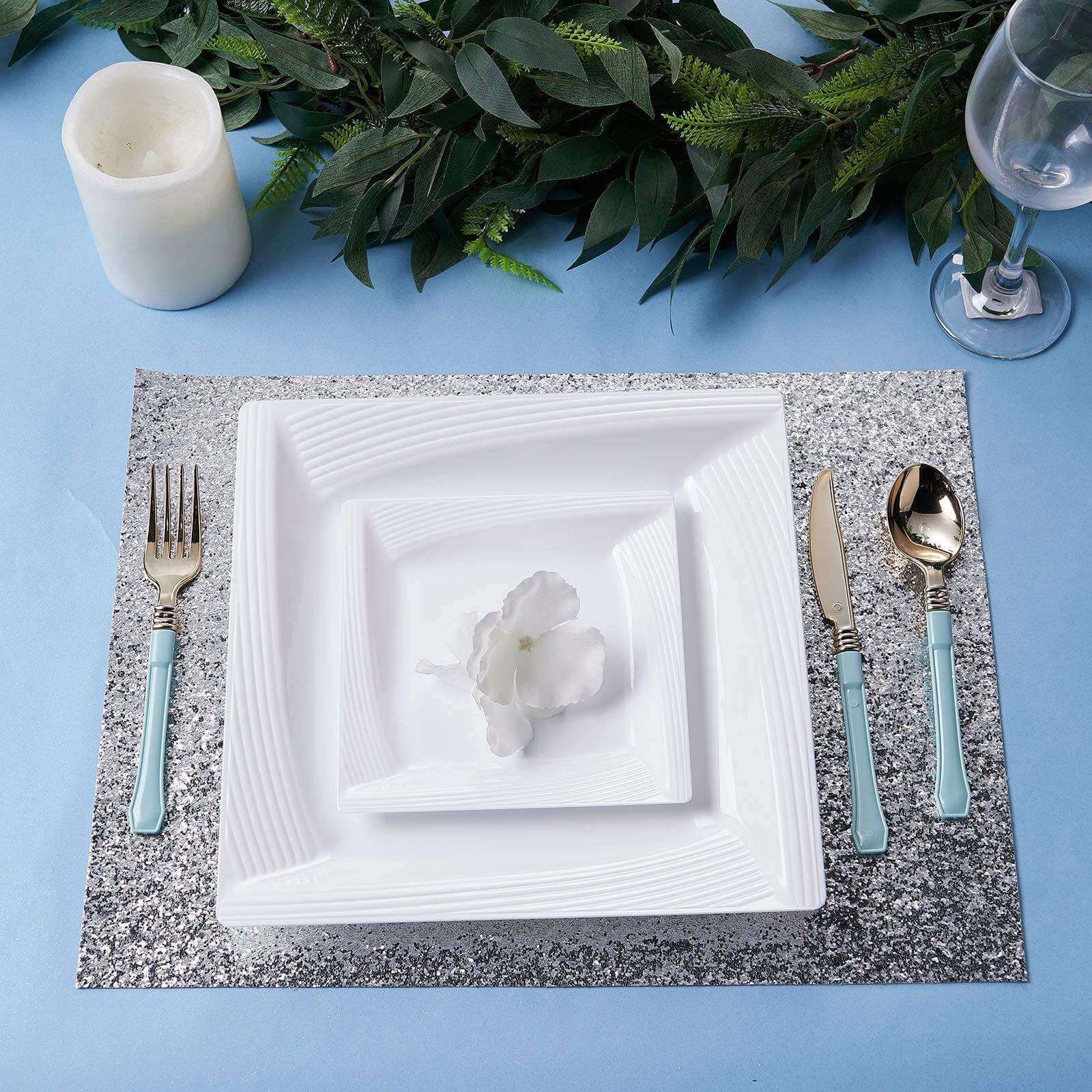 10-Pack White Disposable Plastic Square Dessert and Salad Plates with Geometric Ridge Trim for Stylish Events
