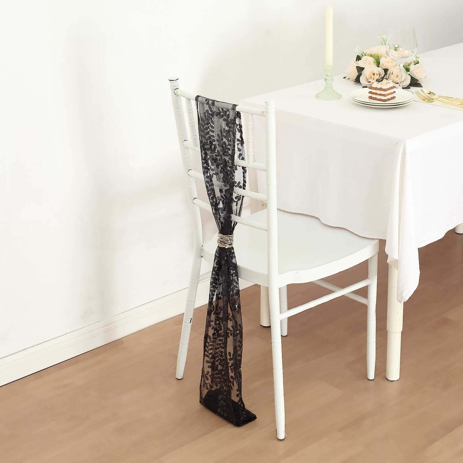5-Pack Black Tulle Chair Sashes with Leaf Vine Embroidered Sequins - Ideal for Special Events