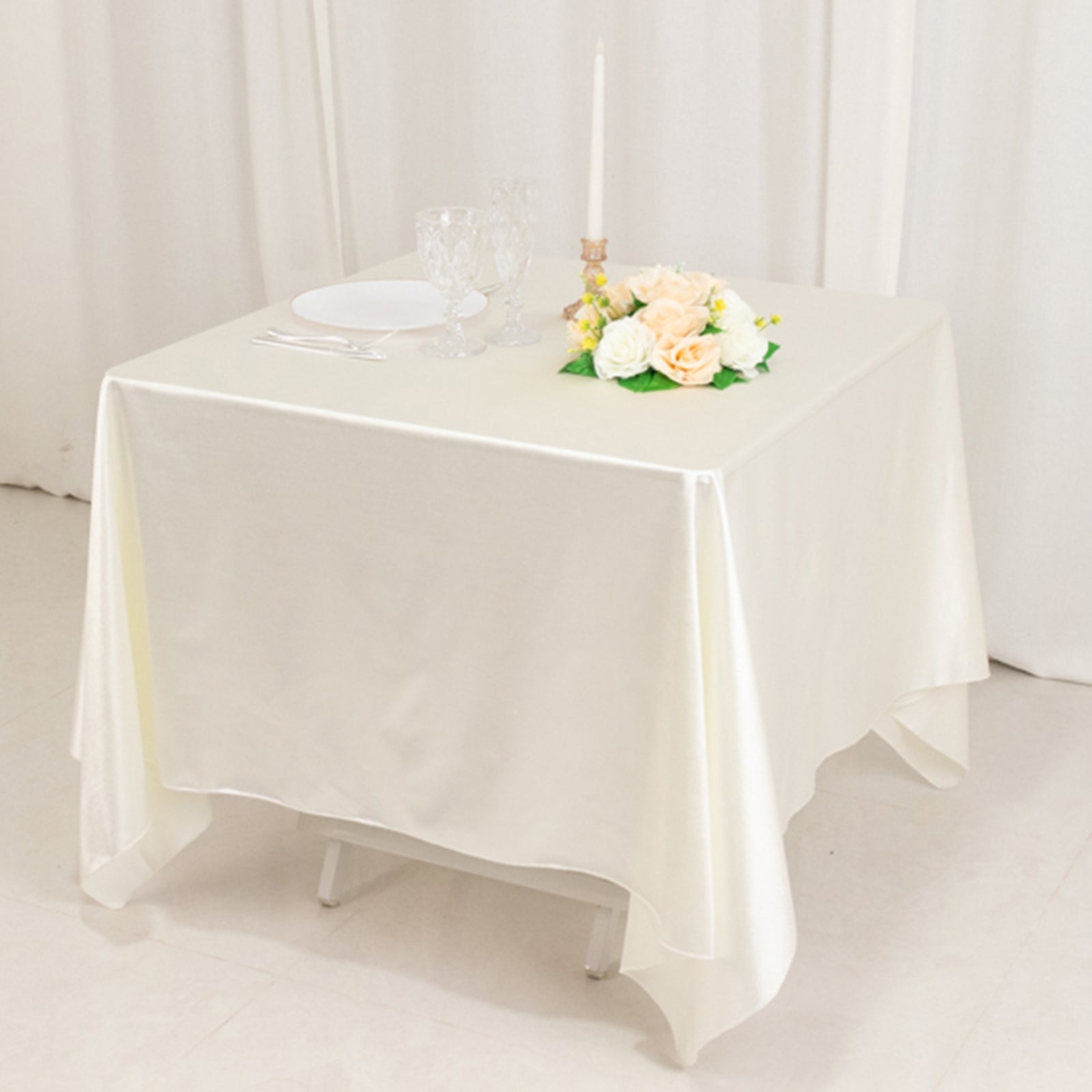 Wrinkle-Free & Stain-Resistant Shimmer Pearl White 70x70 Premium Scuba Square Tablecloth for Weddings and Parties