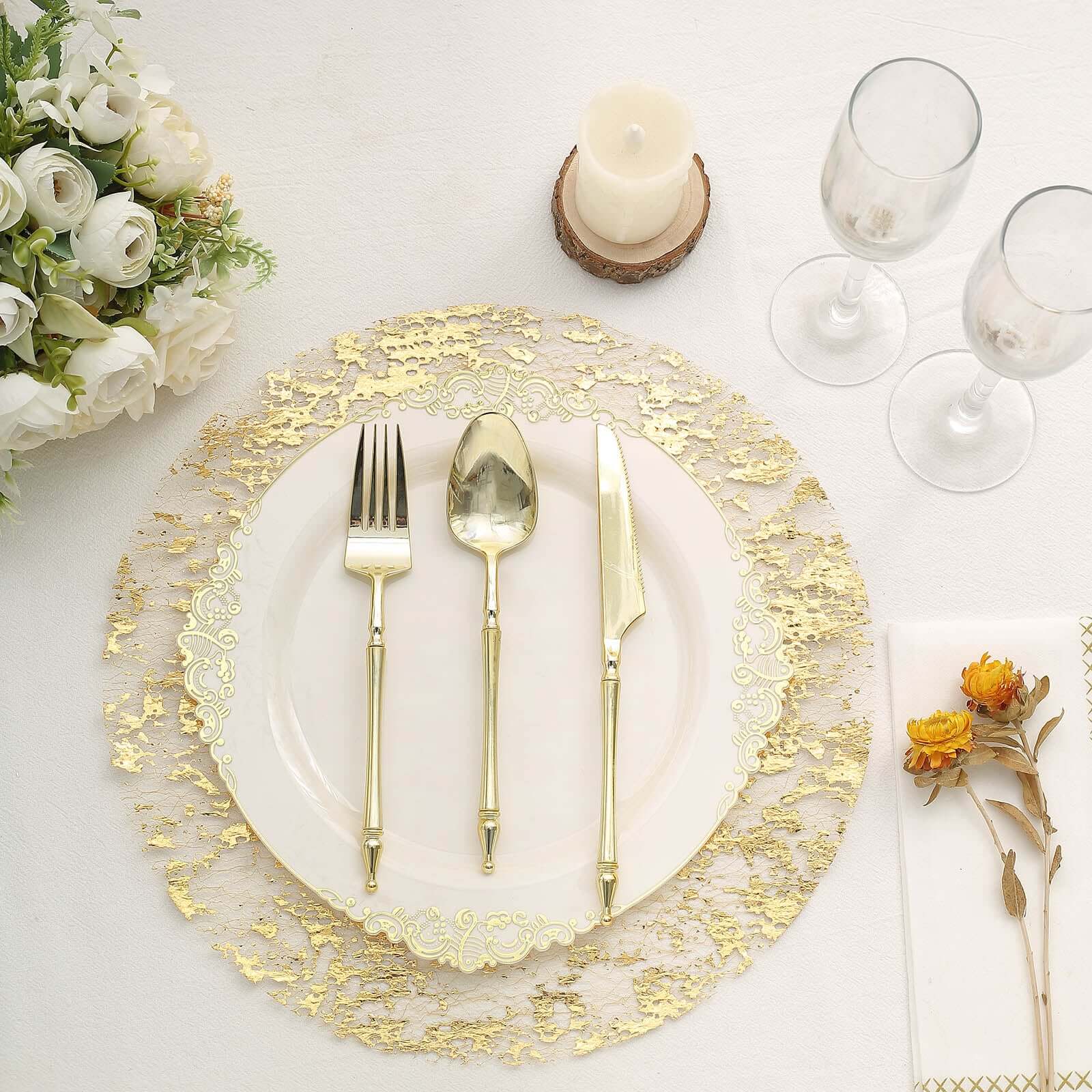 10-Piece Metallic Gold Round Foil Design Disposable Shiny Table Placemats 13 Inches