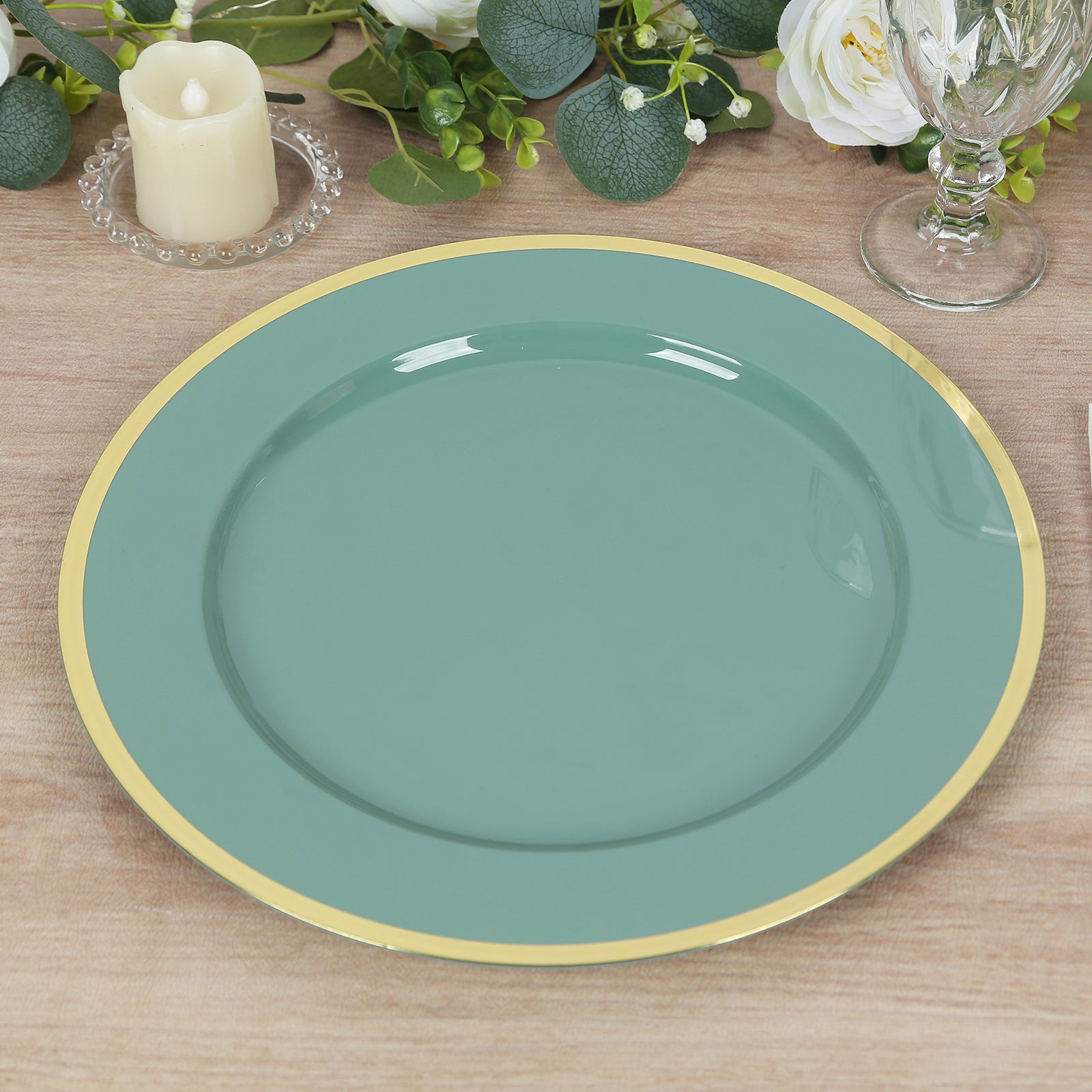 Economy 10-Pack 12-Inch Round Dusty Sage Green Plastic Charger Plates with Wide Gold Rim for Party Serving