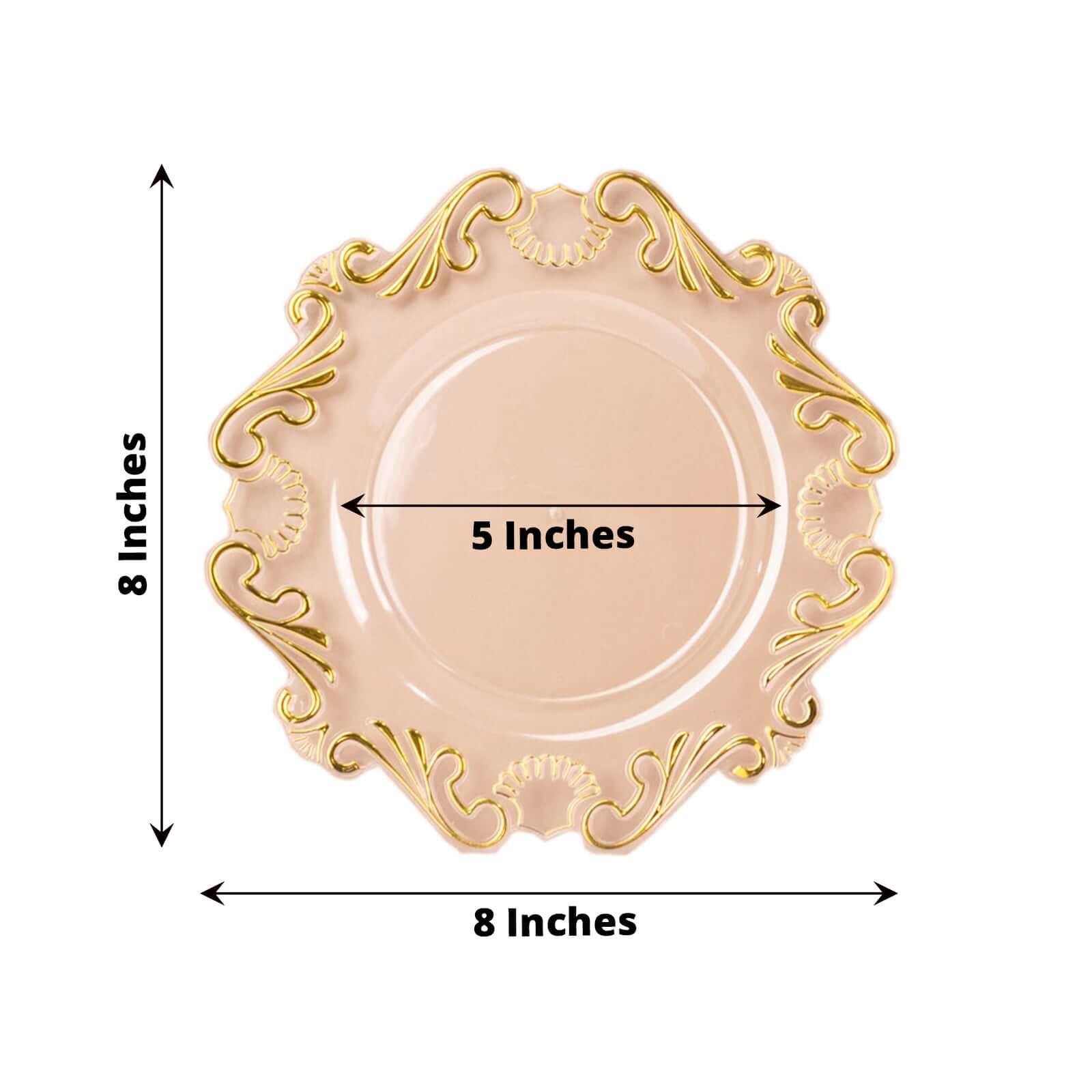 10-Piece Set of Clear Plastic Round Dessert Plates with Gold Vintage Baroque Scalloped Edge