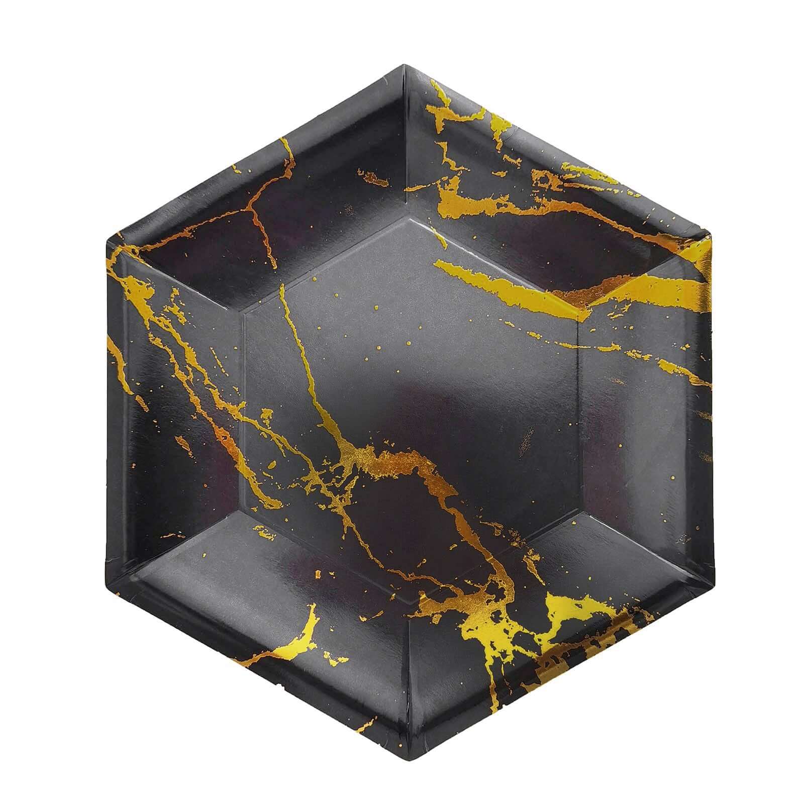25-Pack Disposable 12" Black Paper Dinner Plates with Gold Marble Design - Ideal for Events