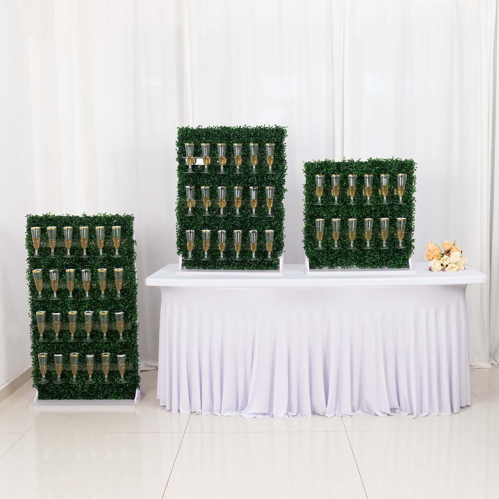 Exclusive Set of 3 Green Champagne Wall Glass Holders - Tiered Faux Boxwood Stemware Racks for Classy Events