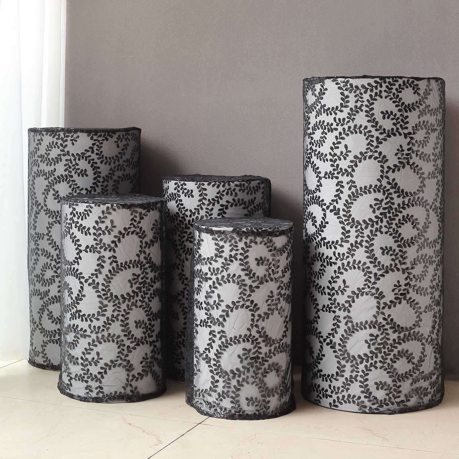 Set of 5 Sparkling Black Sequin Mesh Cylinder Pedestal Covers with Leaf Vine Design