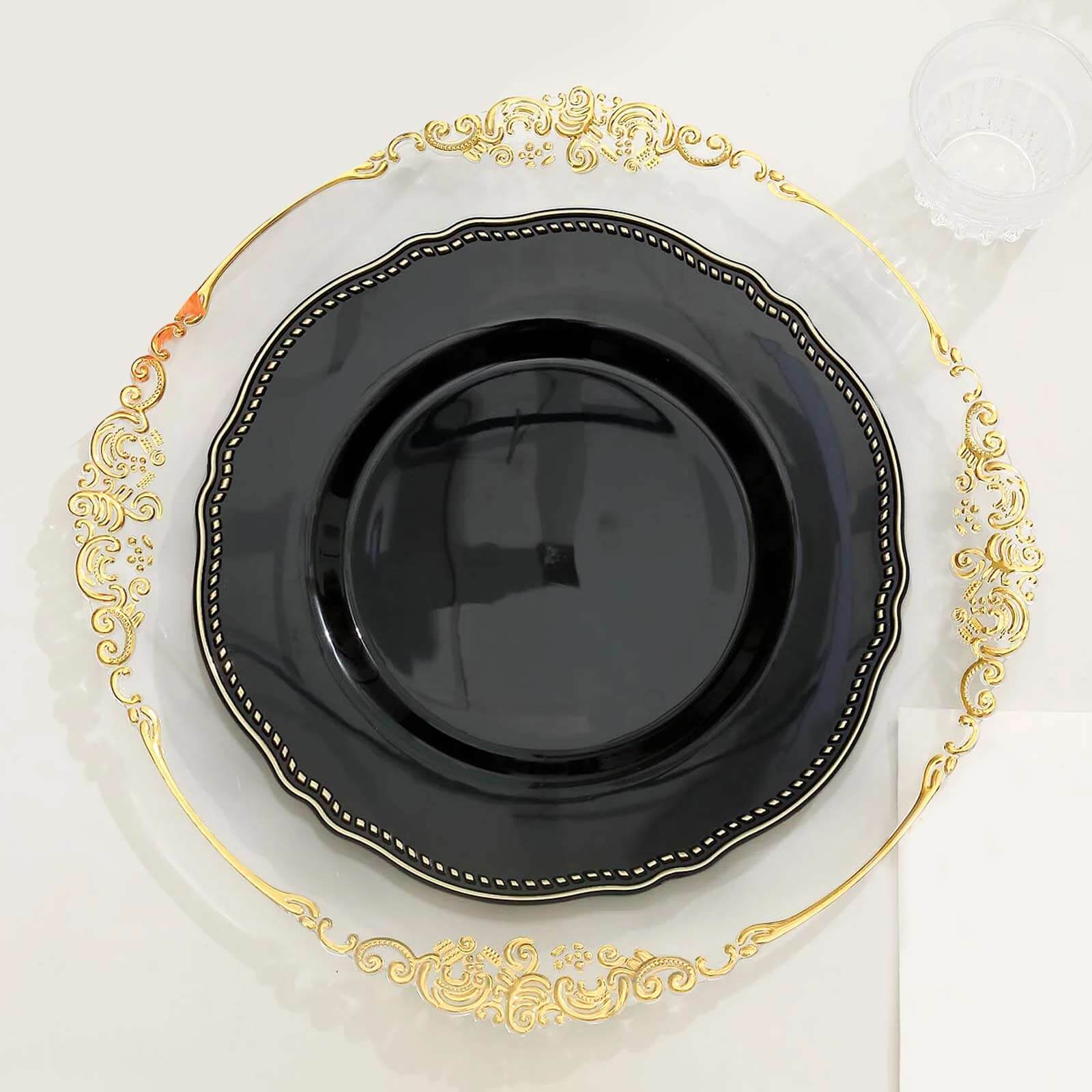 10-Piece Set of Disposable Black Plastic Dinner Plates with Gold Scalloped Rim