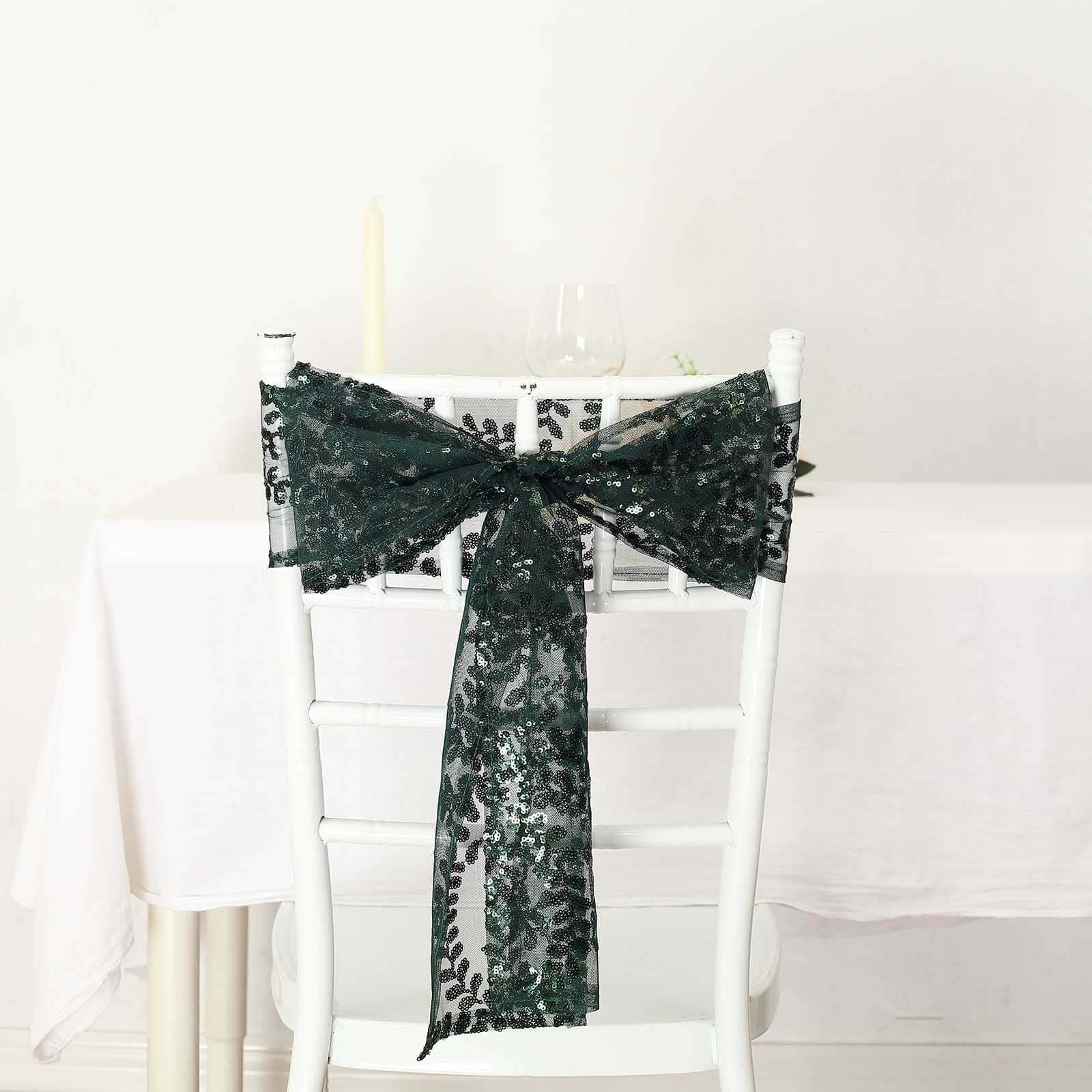 Hot Deal! 5-Pack Hunter Emerald Green Tulle Chair Sashes with Leaf Vine Sequins, 6x88