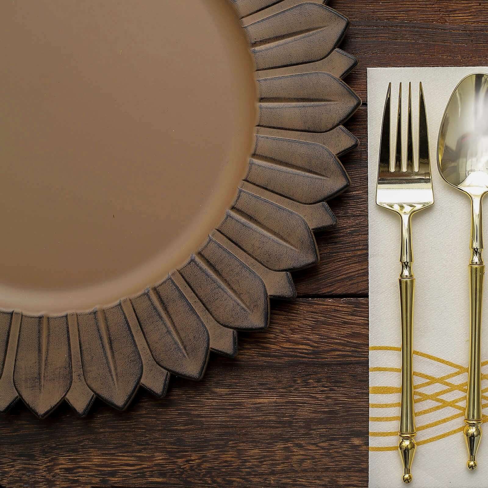 Hot Sale! 6-Pack 13in Plastic Round Disposable Dinner Charger Plates with Sunflower Rim, Matte Natural Finish