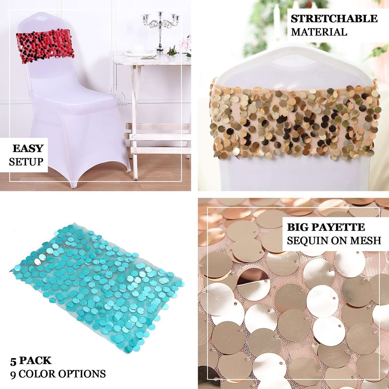 Hot Deal! 5-Pack Gold Big Payette Sequin 13x10 Chair Sash Bands for Weddings & Gatherings